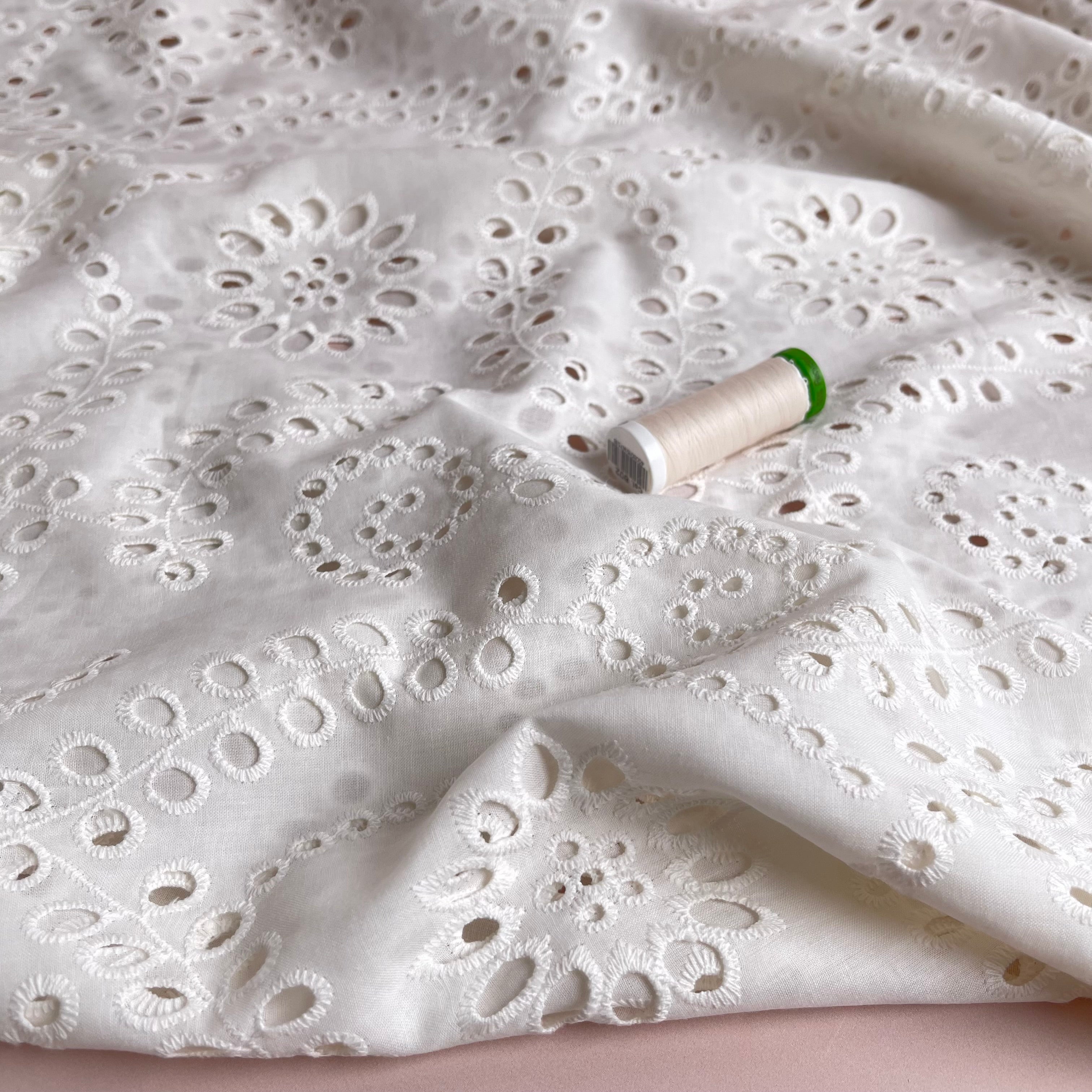 Sweet Vines Ecru Cotton Broderie Anglaise Fabric