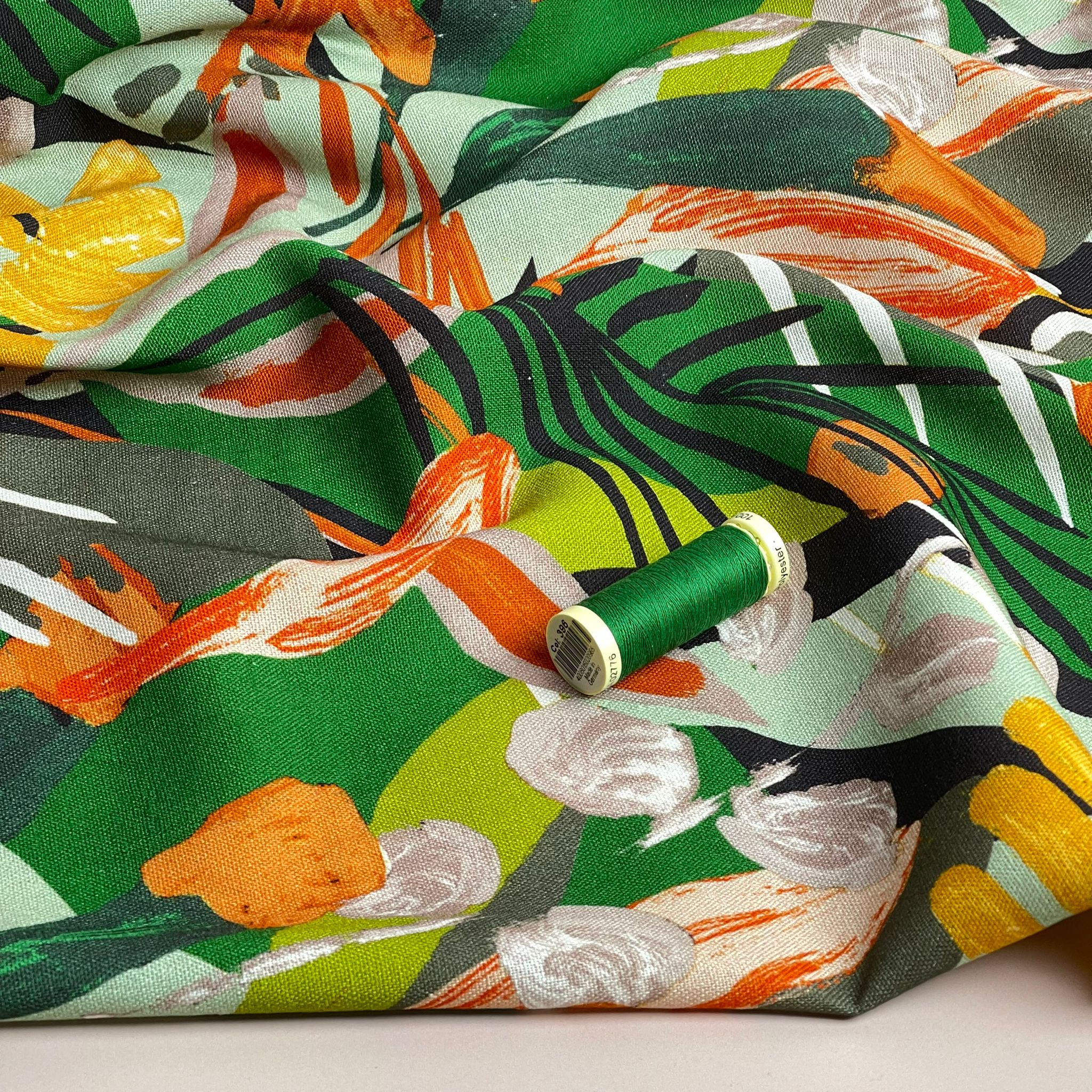 Tropical Forest in Emerald Viscose Linen Fabric