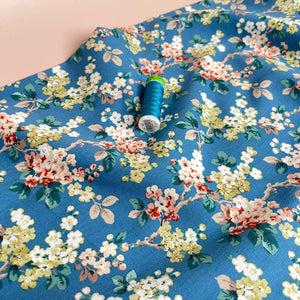 Spring Blossoms on Blue Cotton Poplin