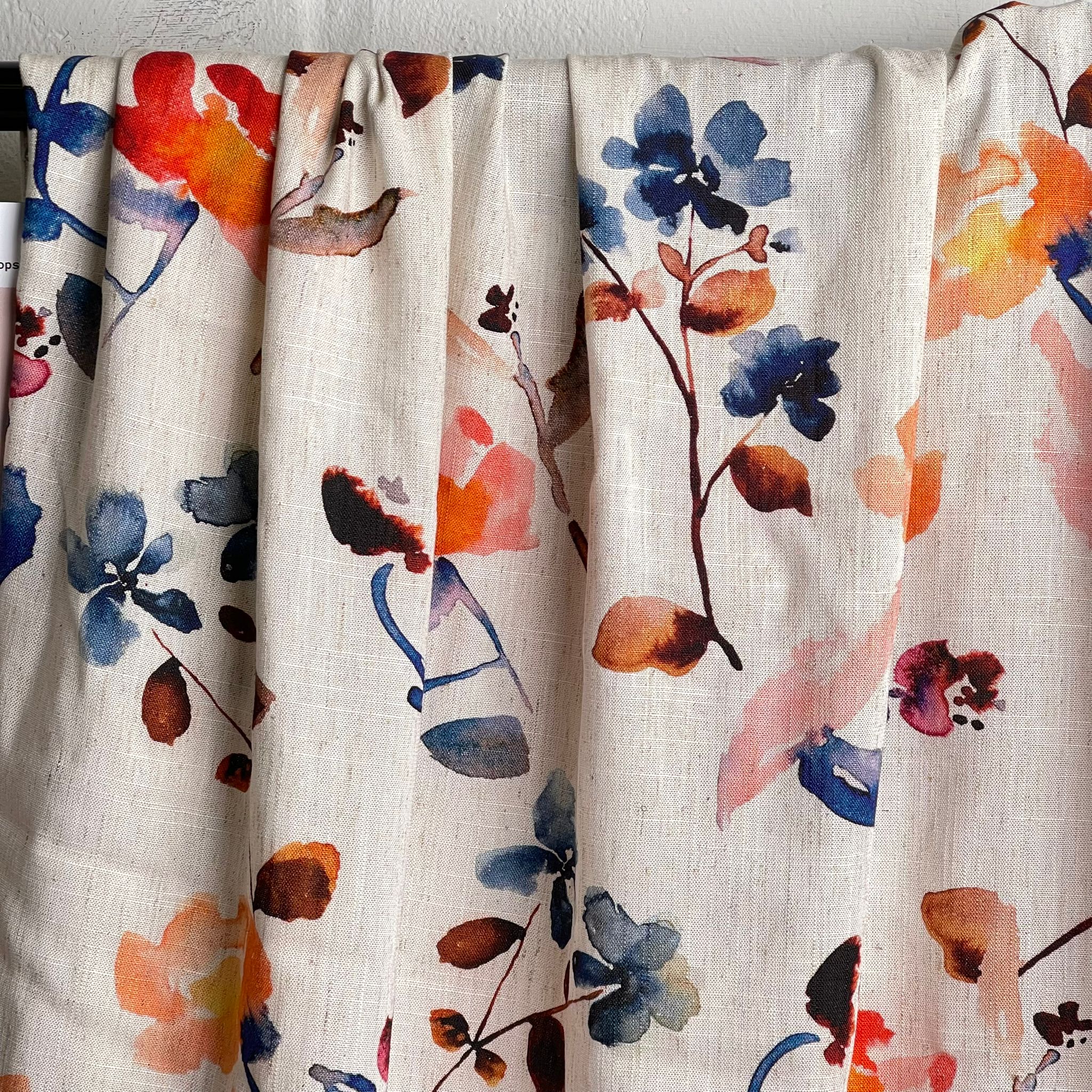 Apricot and Blue Florals Viscose Linen Fabric