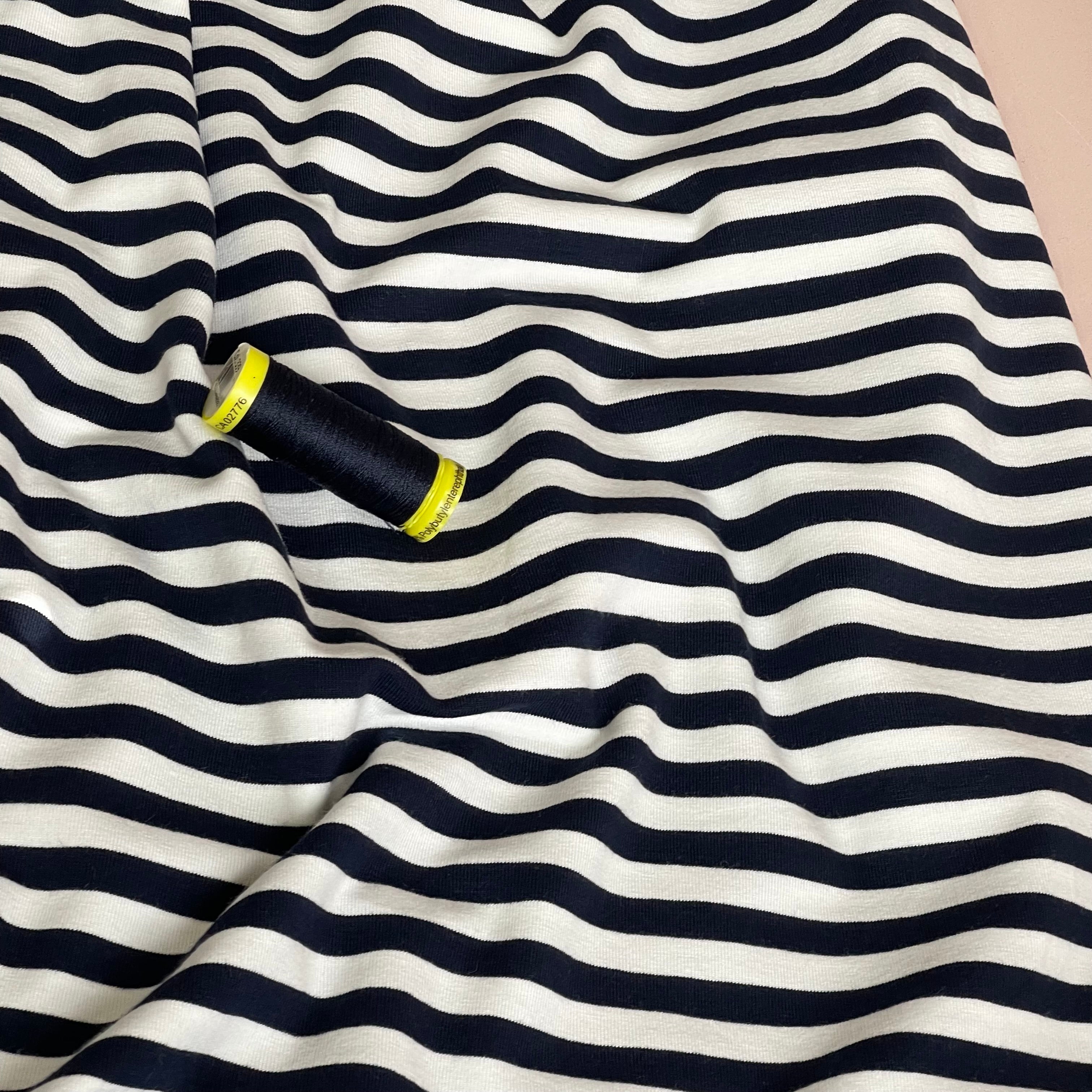Yarn Dyed Navy Breton Stripe Cotton Jersey Fabric