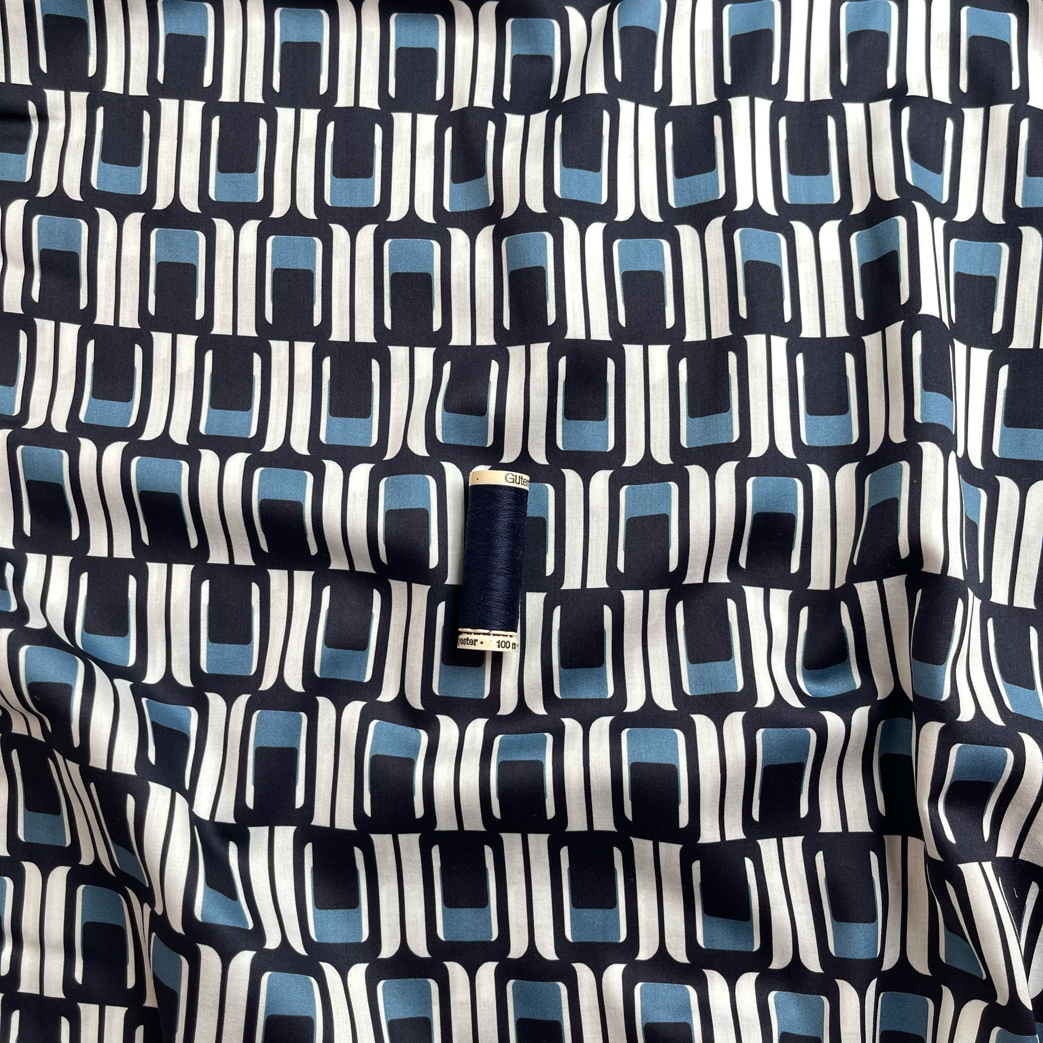 Deadstock Navy and Blue Geo Cotton Sateen Fabric