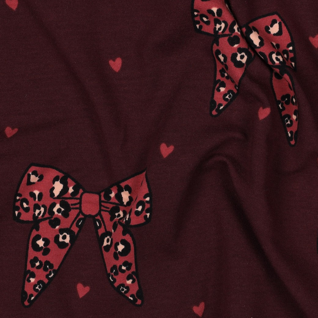 Animal Print Bows & Hearts Burgundy Cotton French Terry Fabric