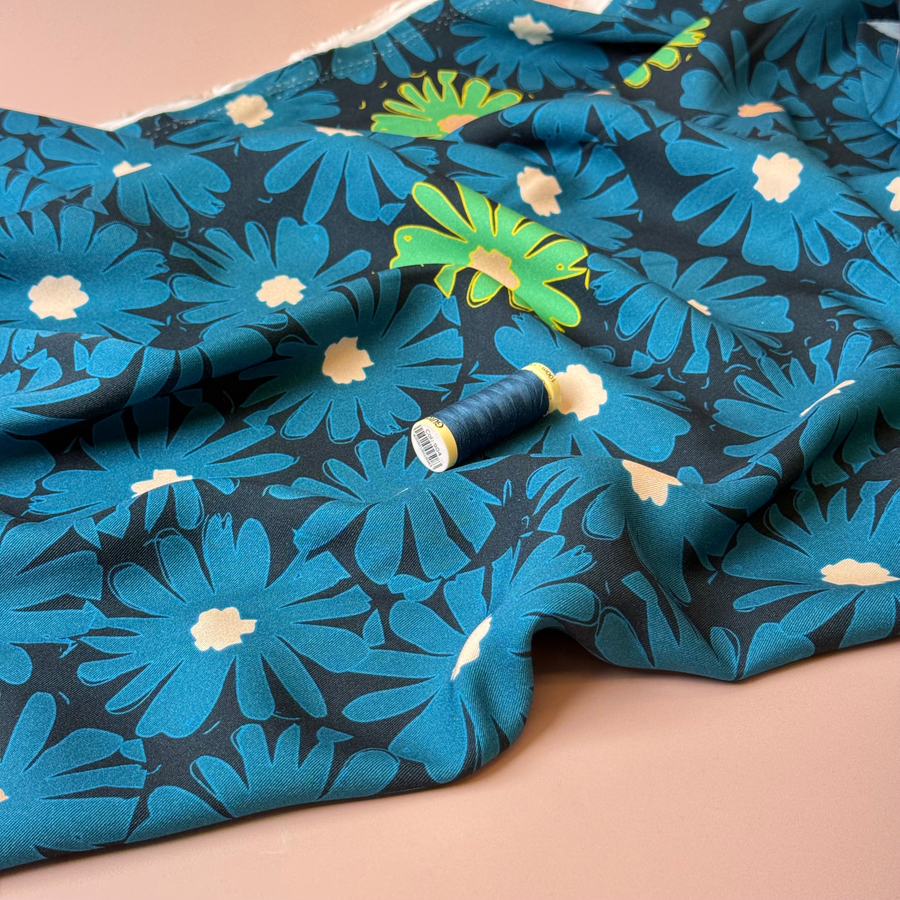 REMNANT 1.6 Metres - Light & Lush - Petrol Blue Daisies Viscose Twill Fabric