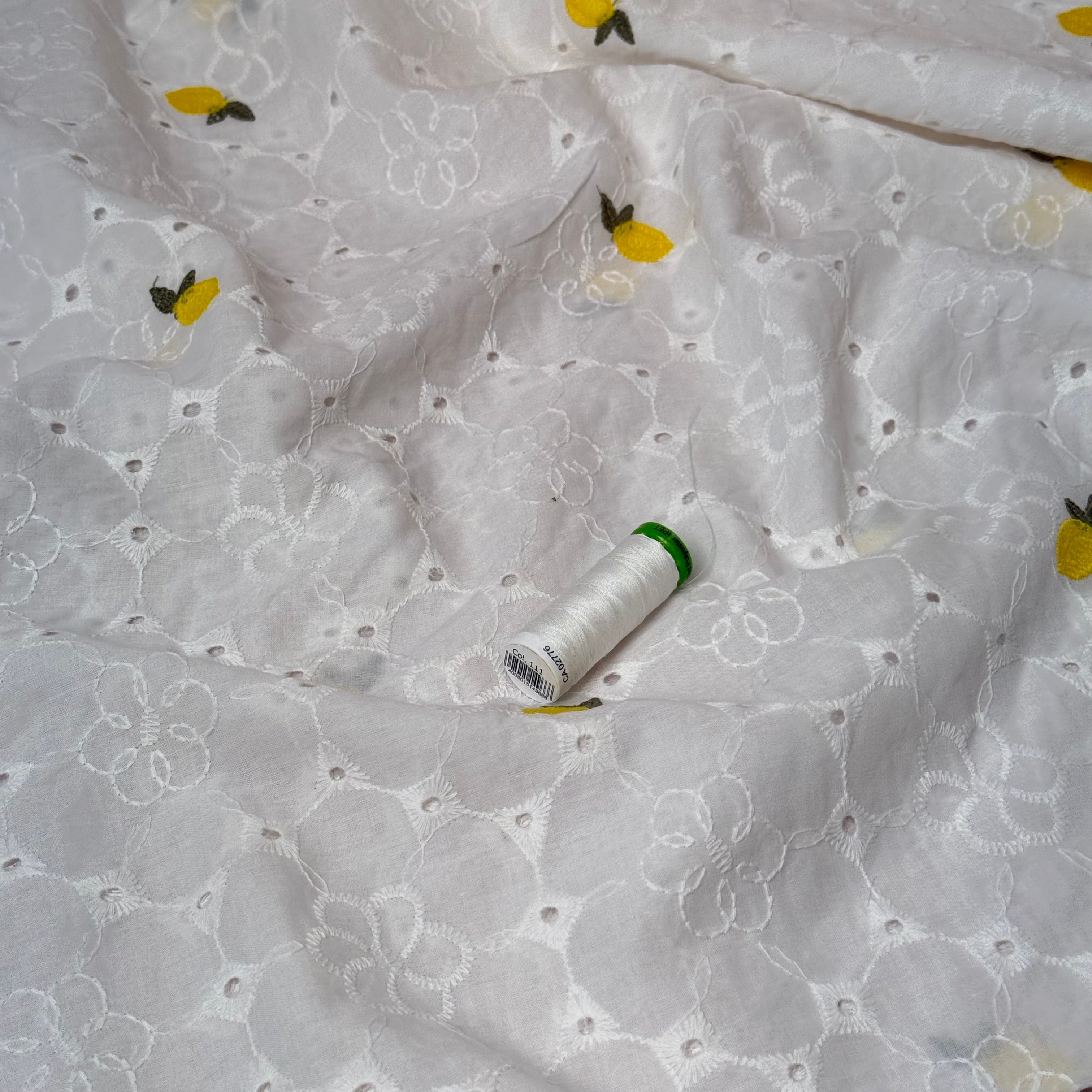 Embroidered Lemons White Cotton Voile Fabric