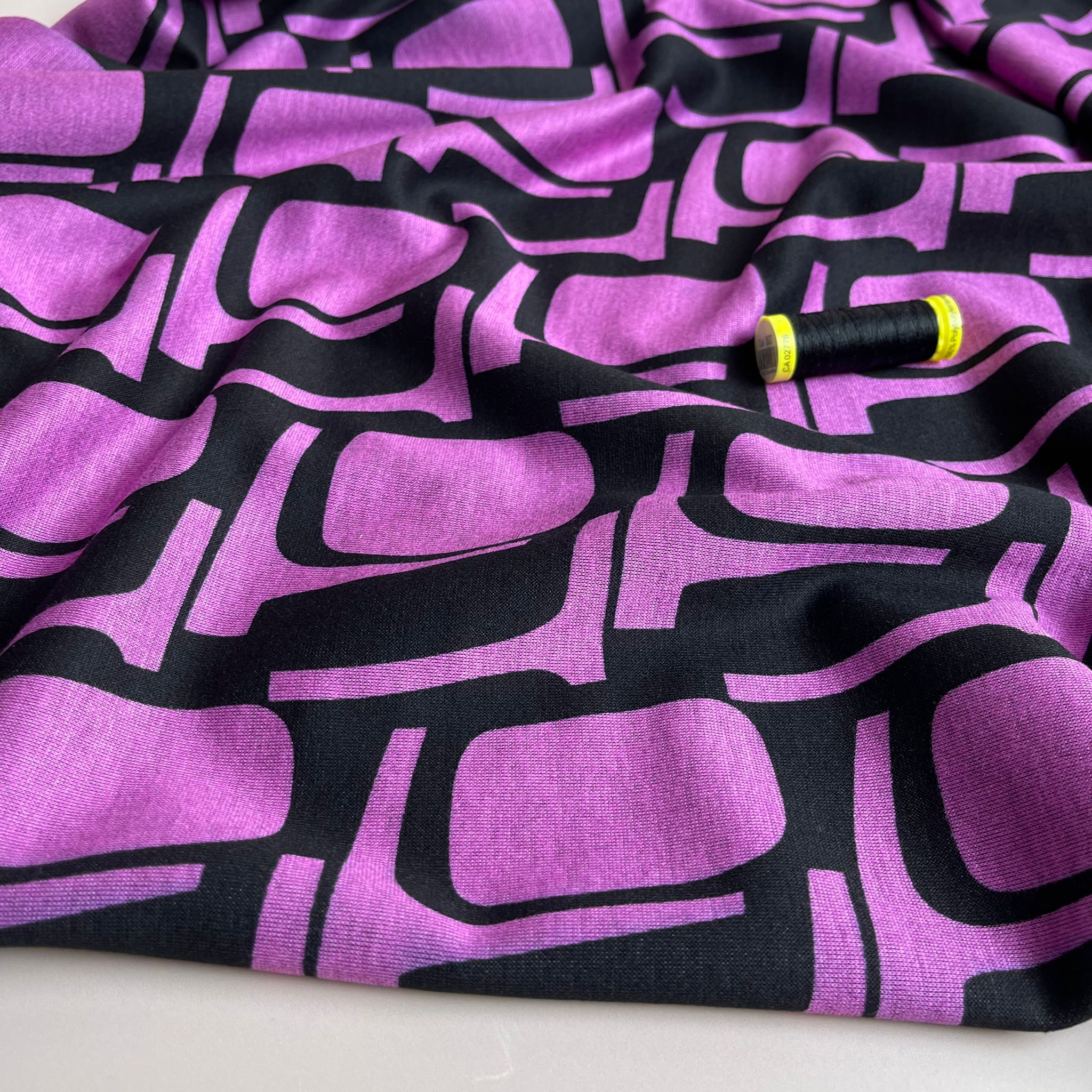 Abstract Shapes in Cyclamen Soft Ponte Interlock Jersey Fabric