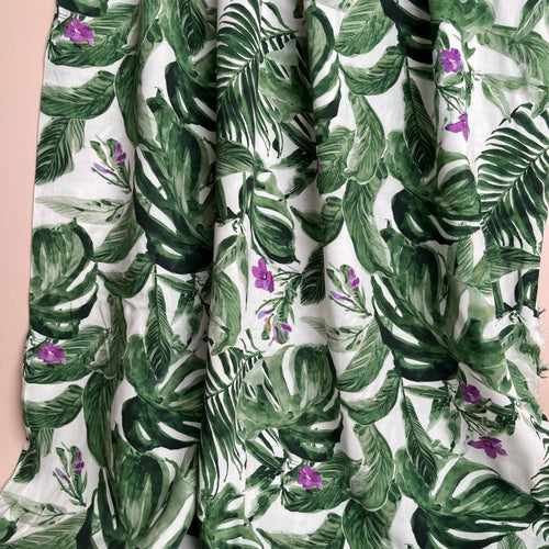 REMNANT 1.02 Metres - Tropical Plants on White Viscose Fabric