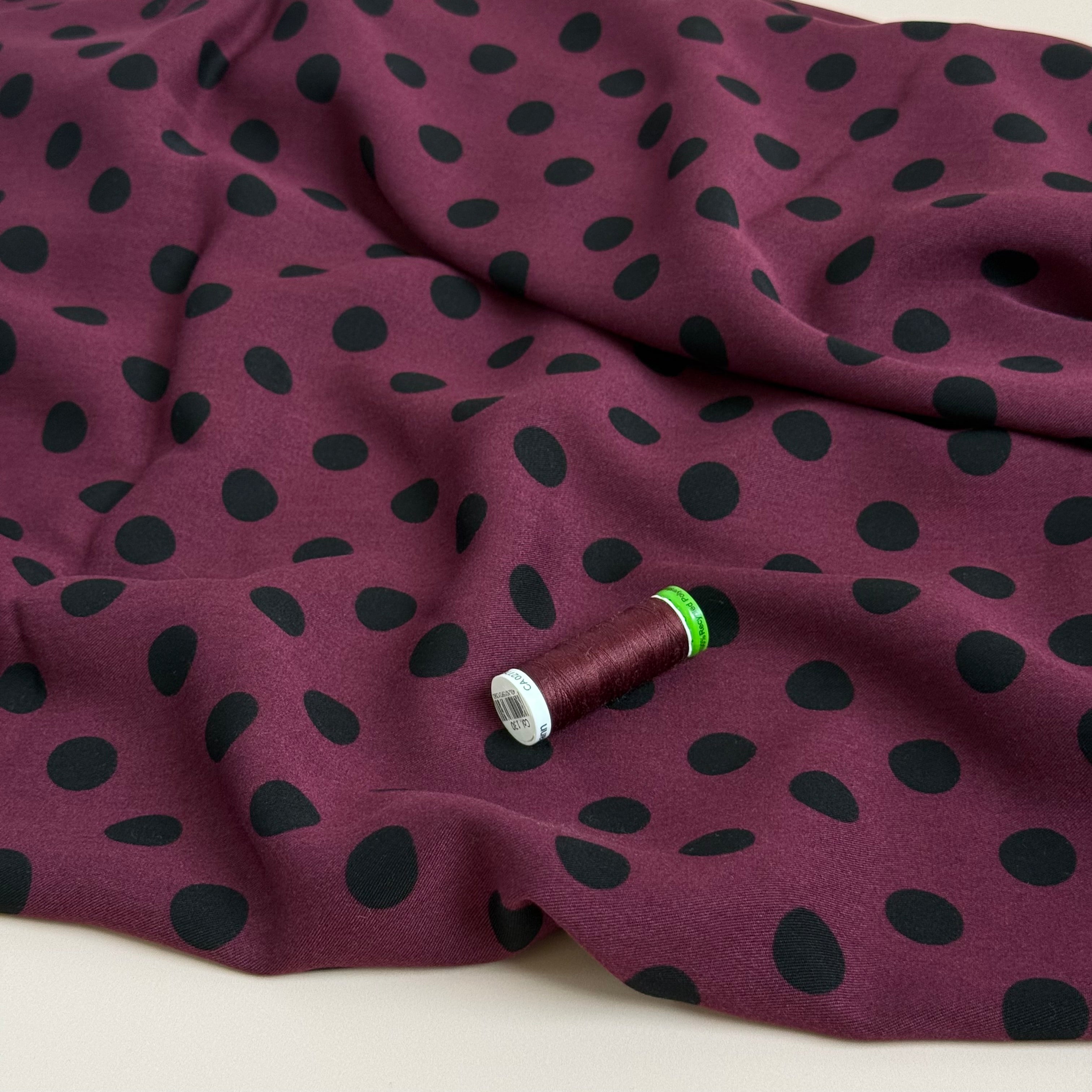 Classic Polka Wine Viscose Twill Fabric