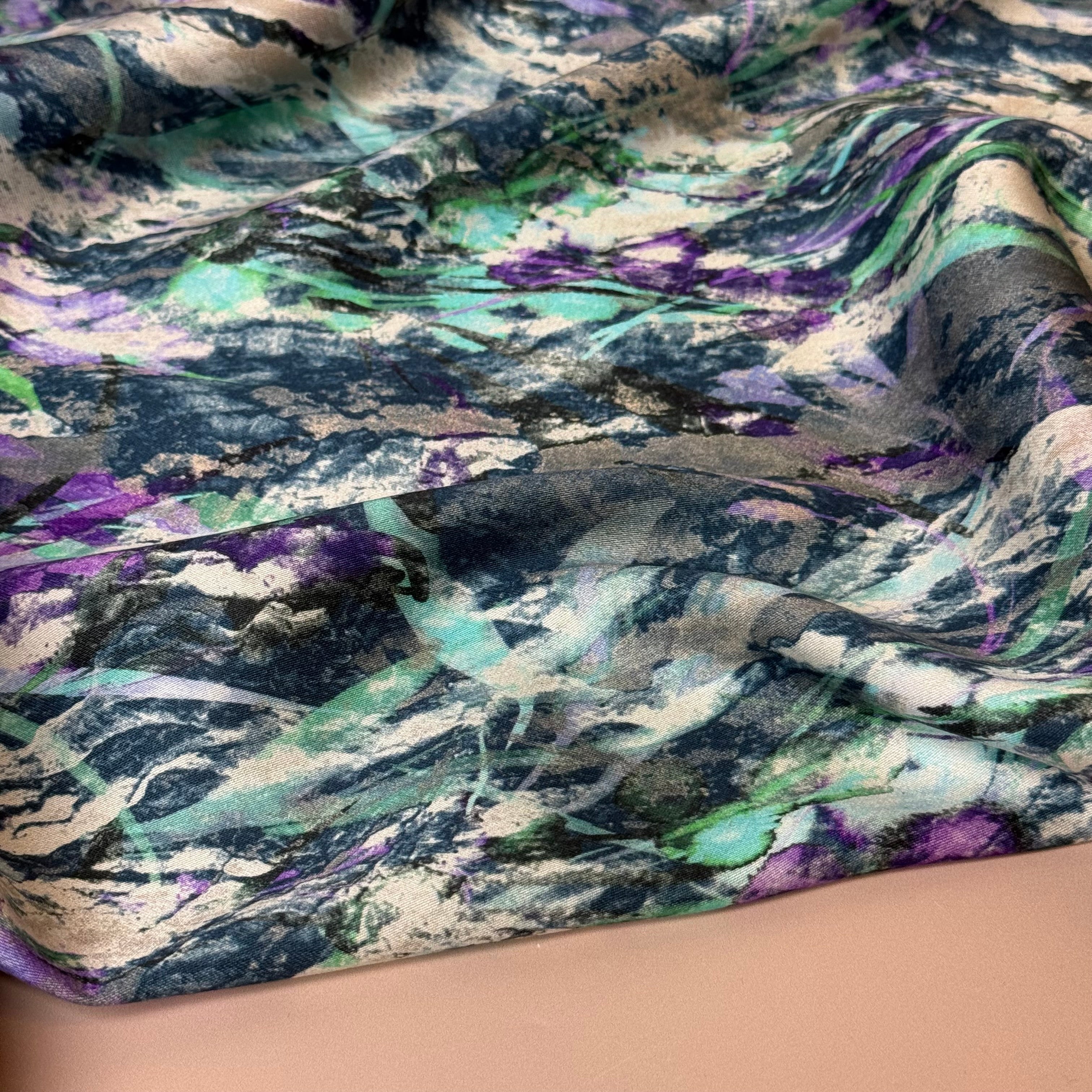 Autumn Foliage River Blue Viscose Sateen Fabric