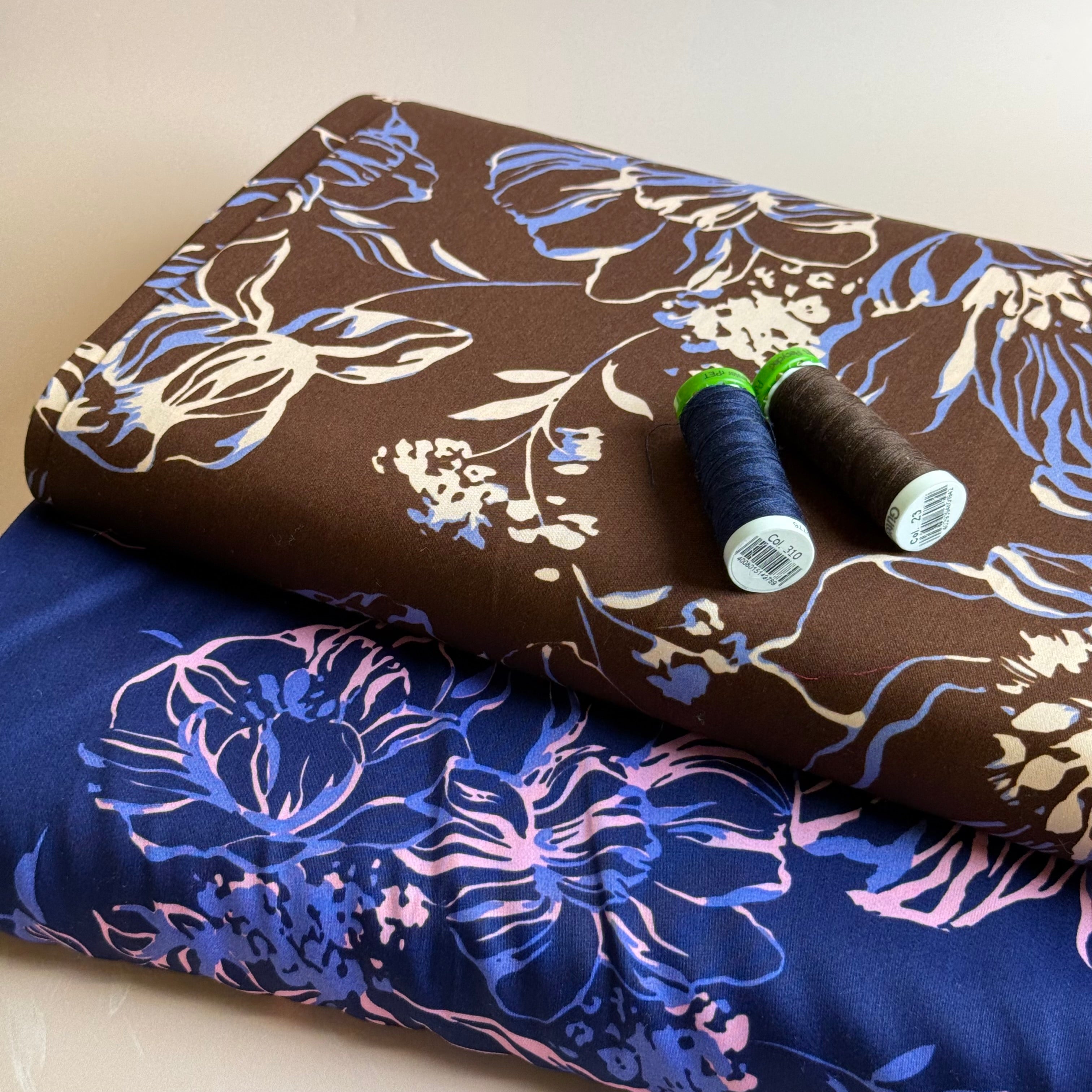 Line Flowers on Navy Cotton Sateen Fabric