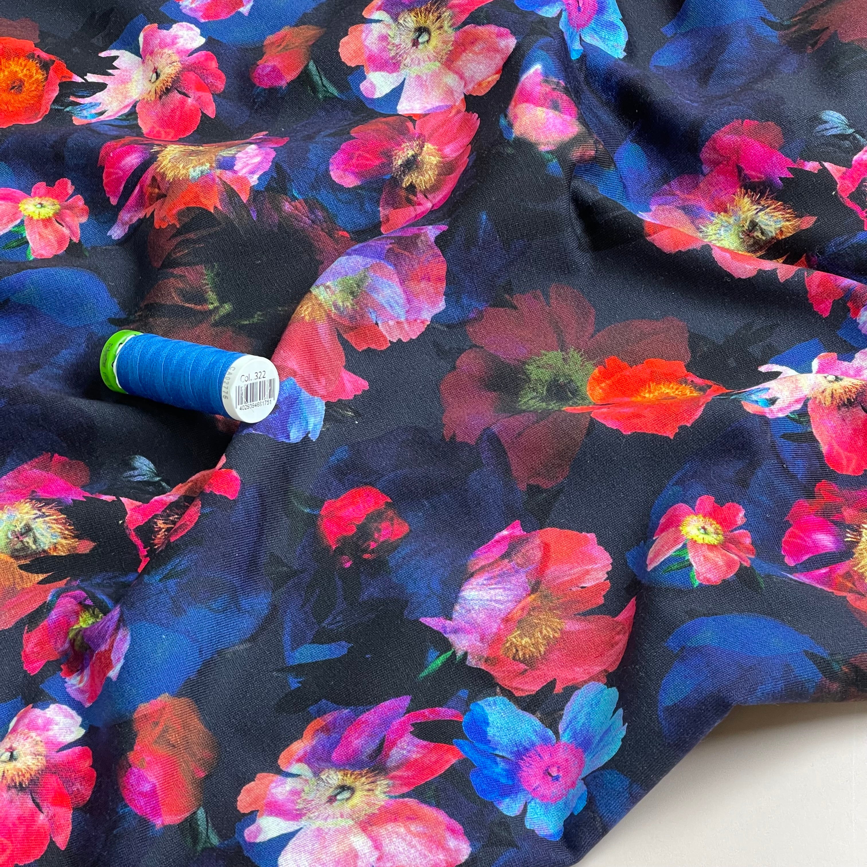 Winter Flowers Dark Navy Cotton Sweat-shirting Fabric