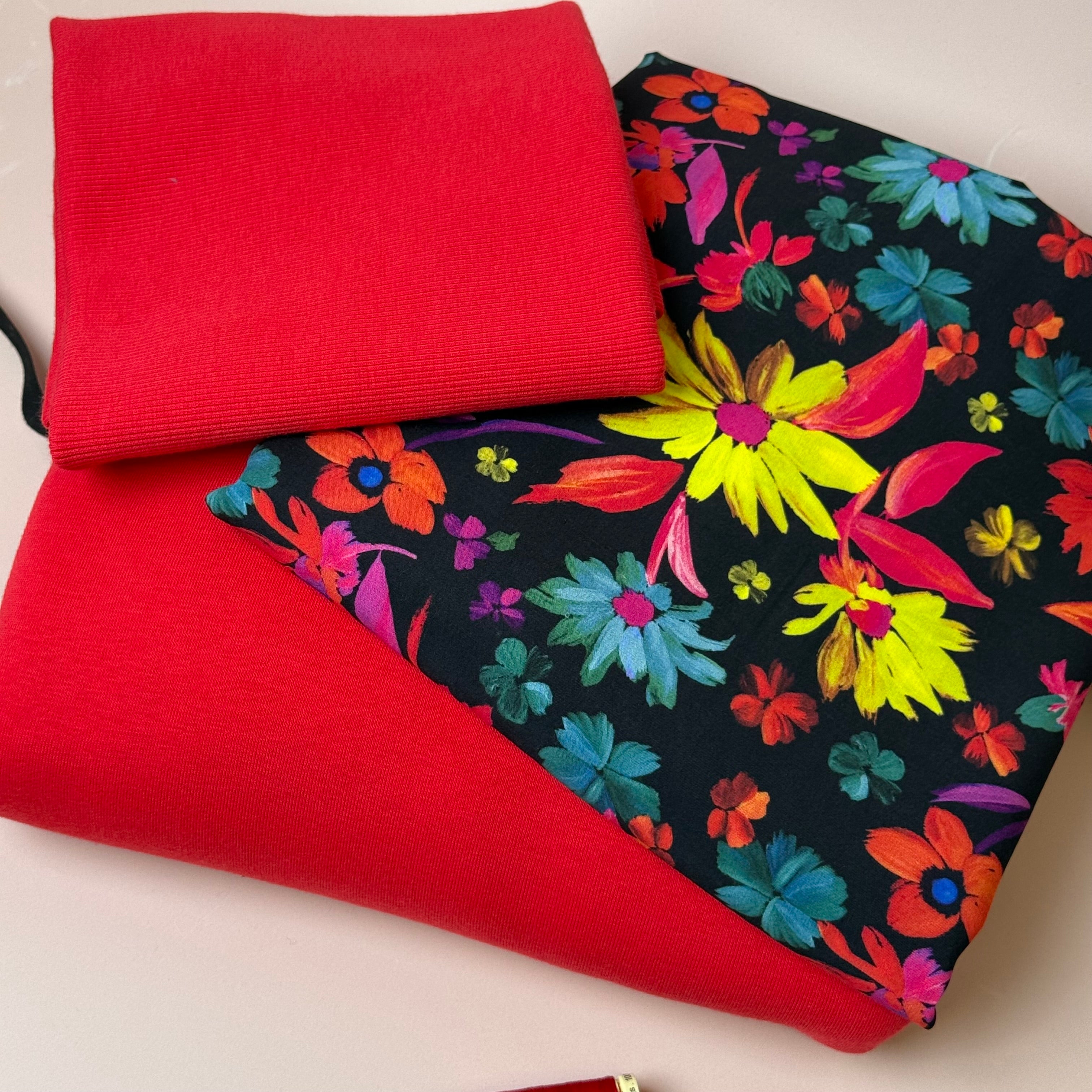 Make an Outfit Colour Bundle - Dopamine Flowers Viscose & Sweatshirting in Red with Ribbing