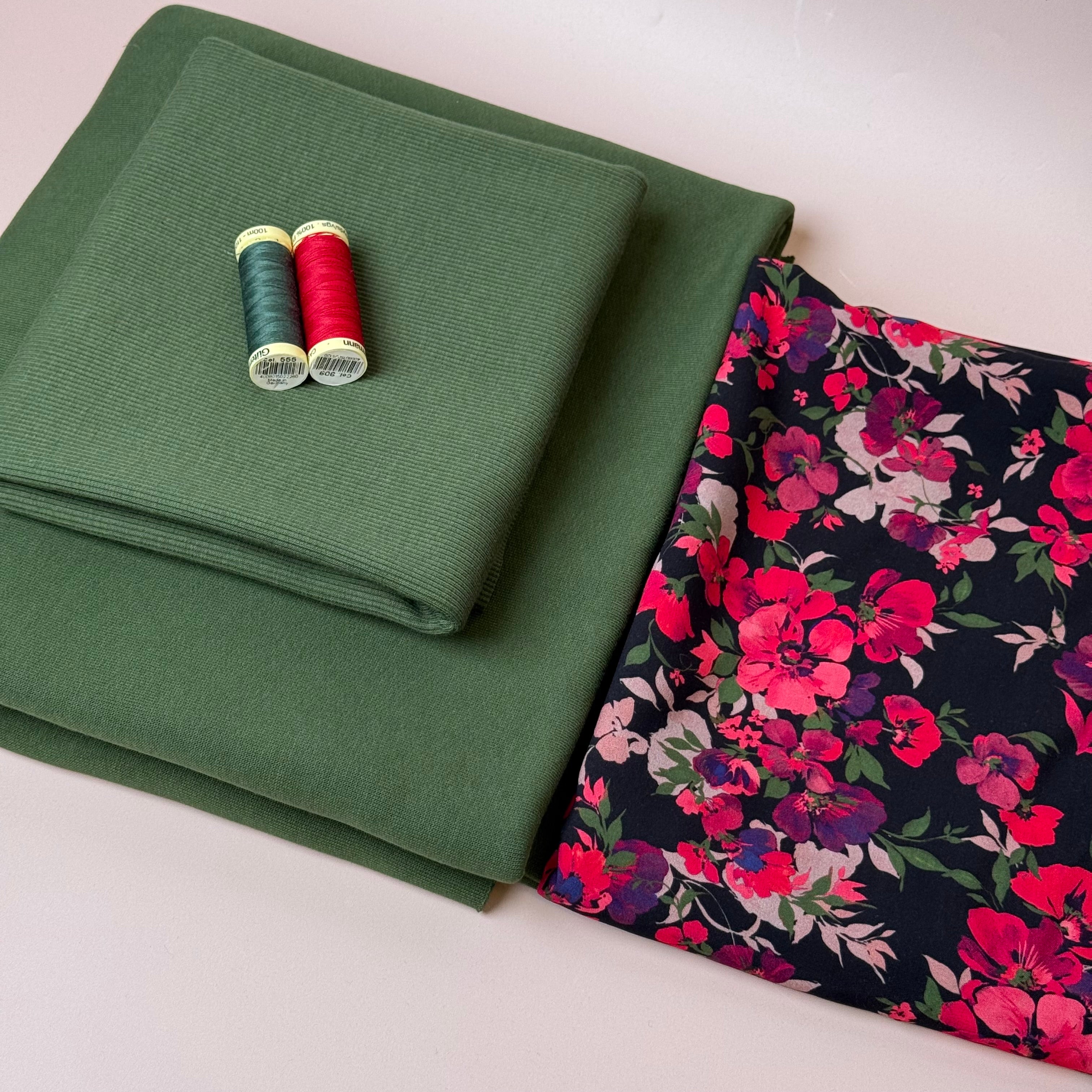 Make an Outfit Colour Bundle - Rosehip Viscose & Brushed Sweatshirt in Green Khaki with Ribbing