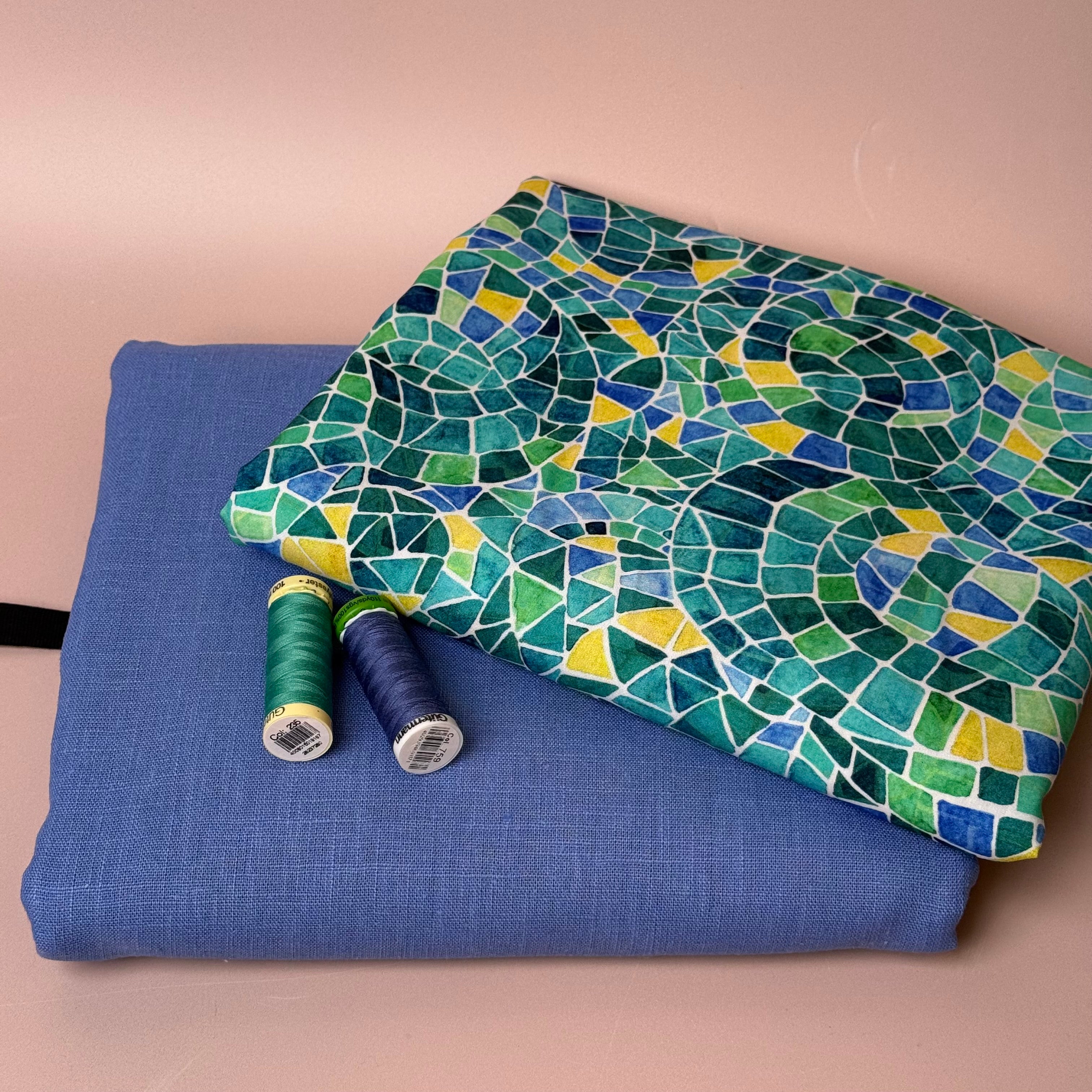 Make An Outfit Colour Bundle and Sewing Kit - Regalia Blouse in Emerald Mosaics and Spring Trousers in Sky Haze Linen