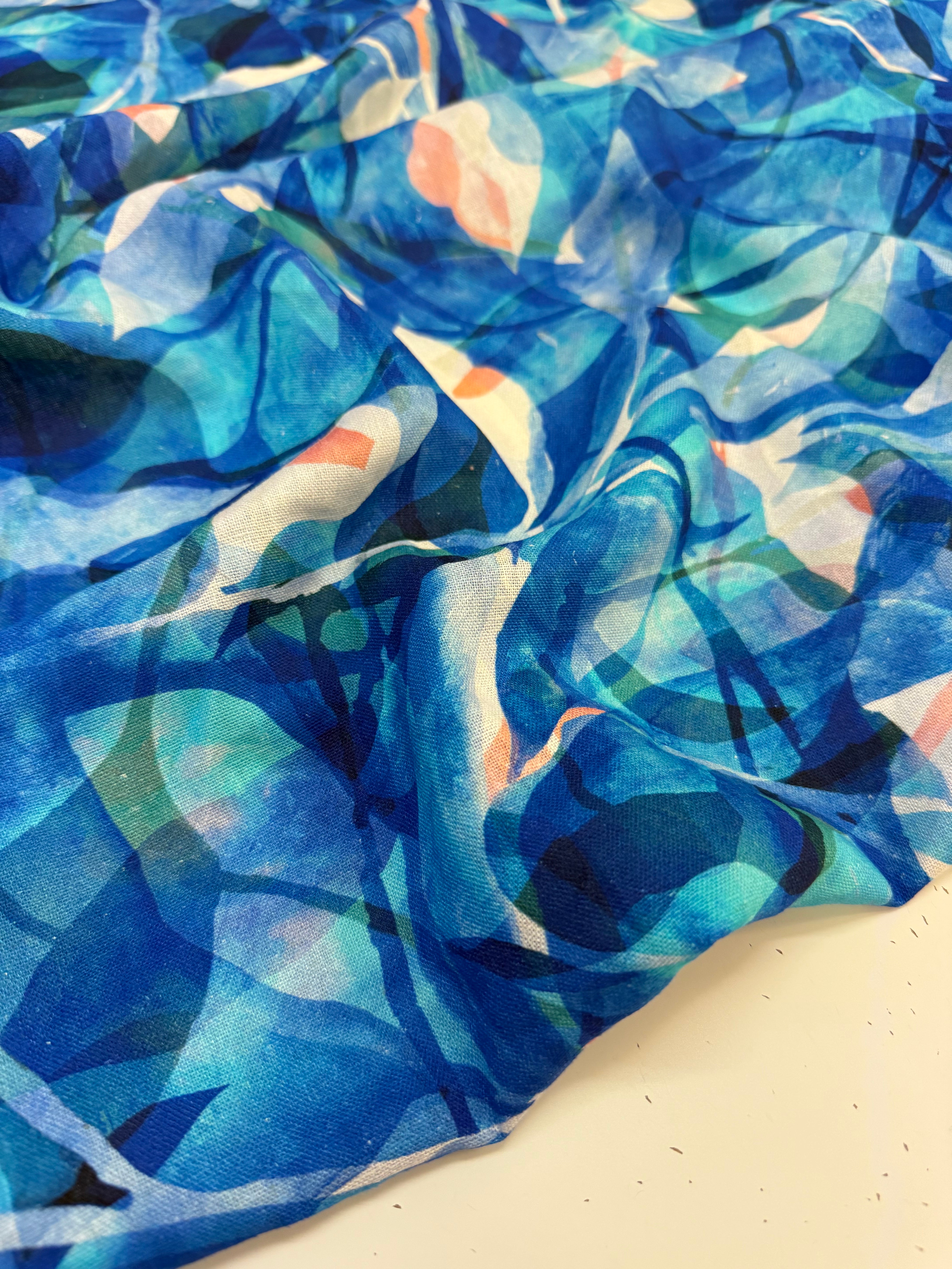 PRE-ORDER (arriving at the end of May) - Painted Foliage Ocean Linen Viscose Blend Fabric