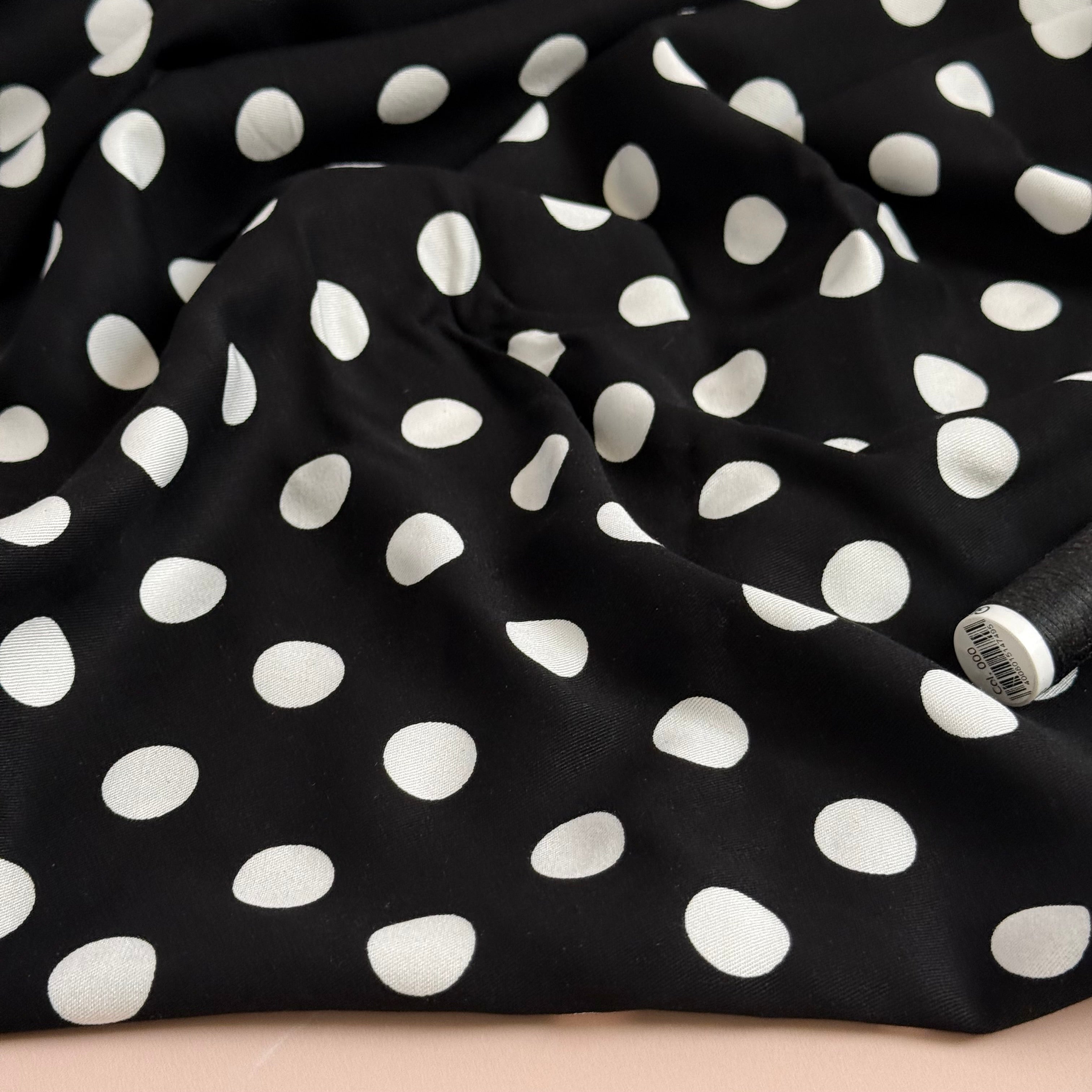 Classic Polka Black Viscose Twill Fabric