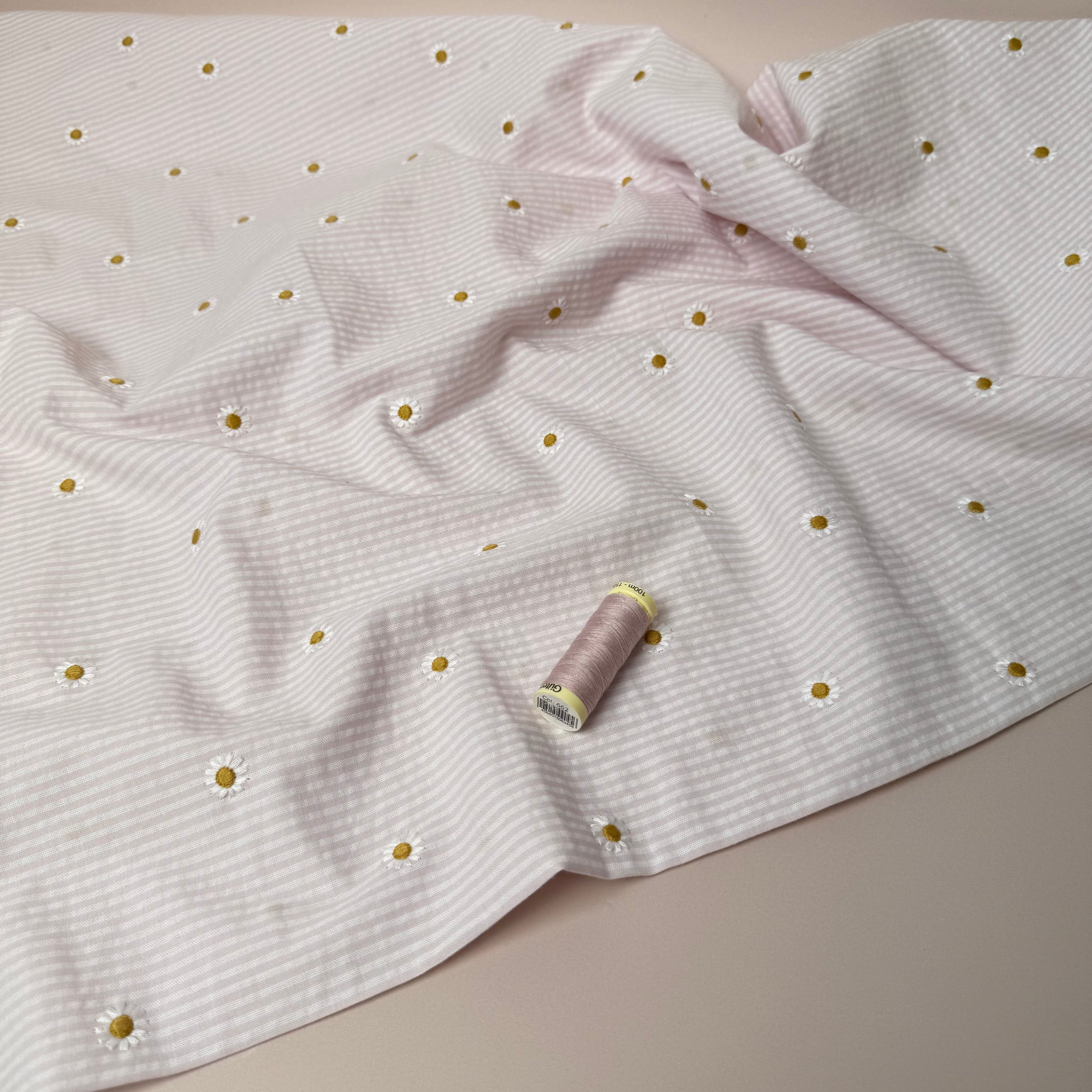 Embroidered Daisies on Pink Striped Cotton Seersucker