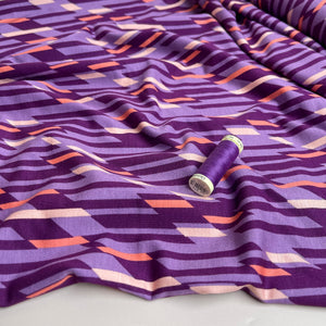 Abstract Lines Purple Viscose Ponte Roma Double Knit Fabric