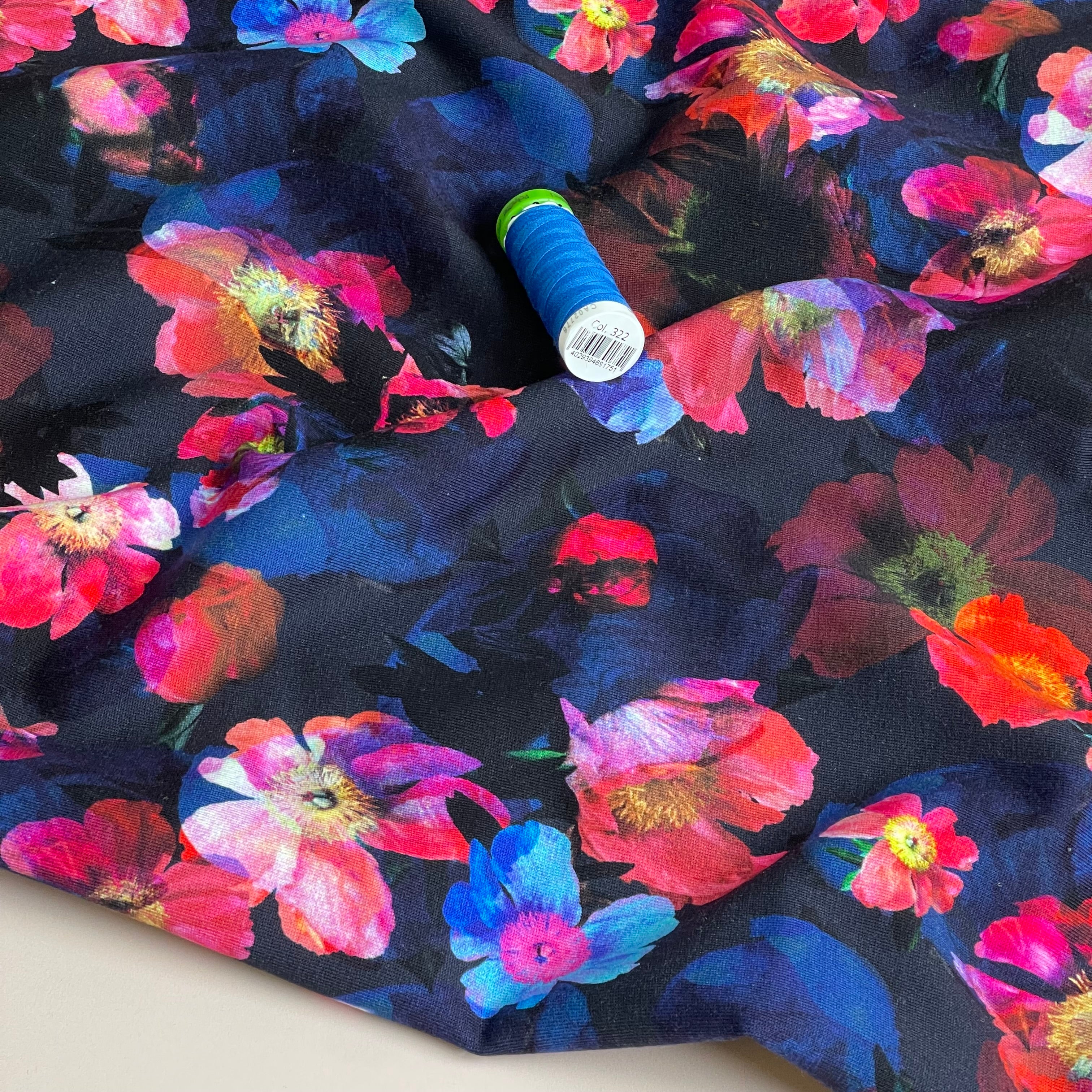 Winter Flowers Dark Navy Cotton Sweat-shirting Fabric