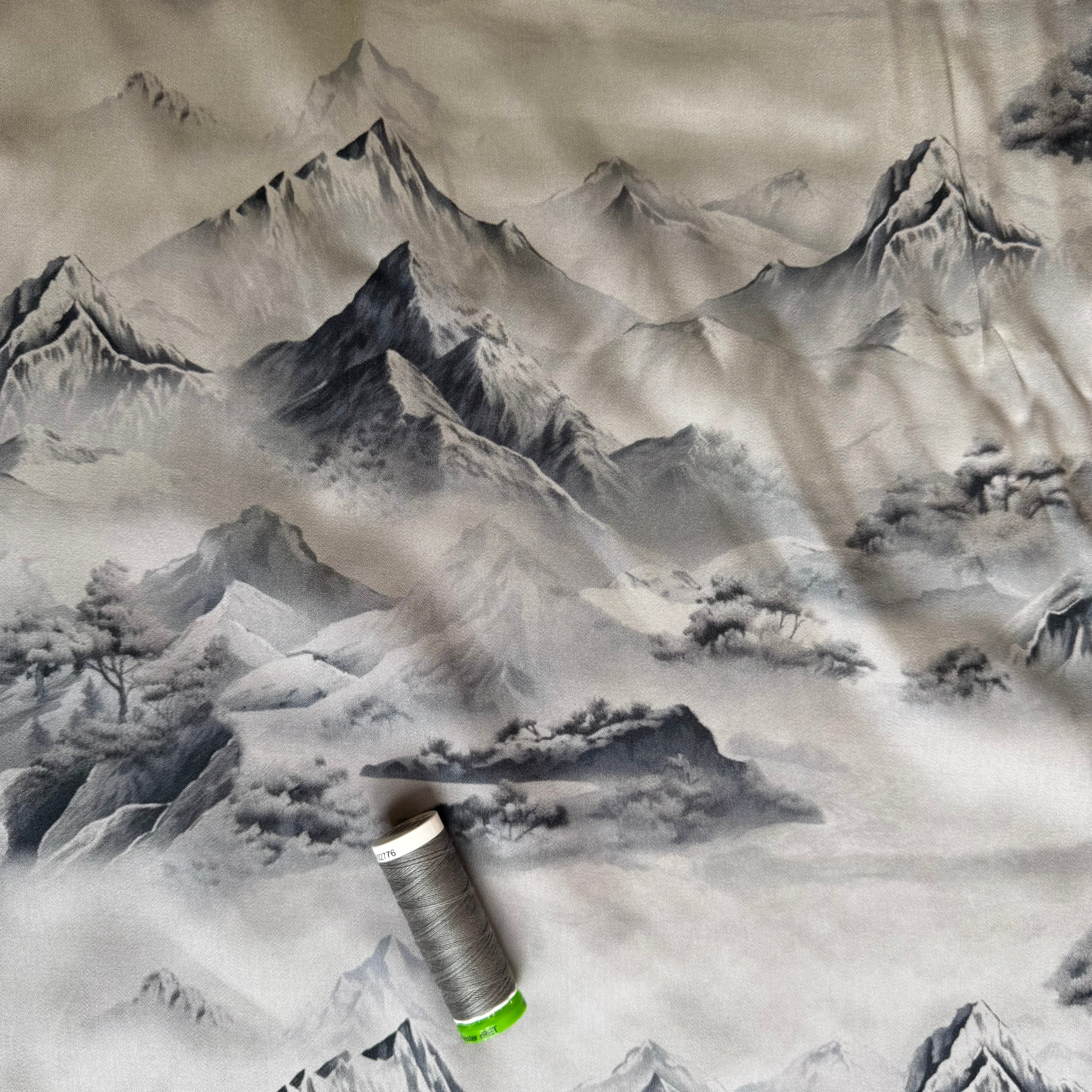 Mountains on Grey Viscose Sateen Fabric
