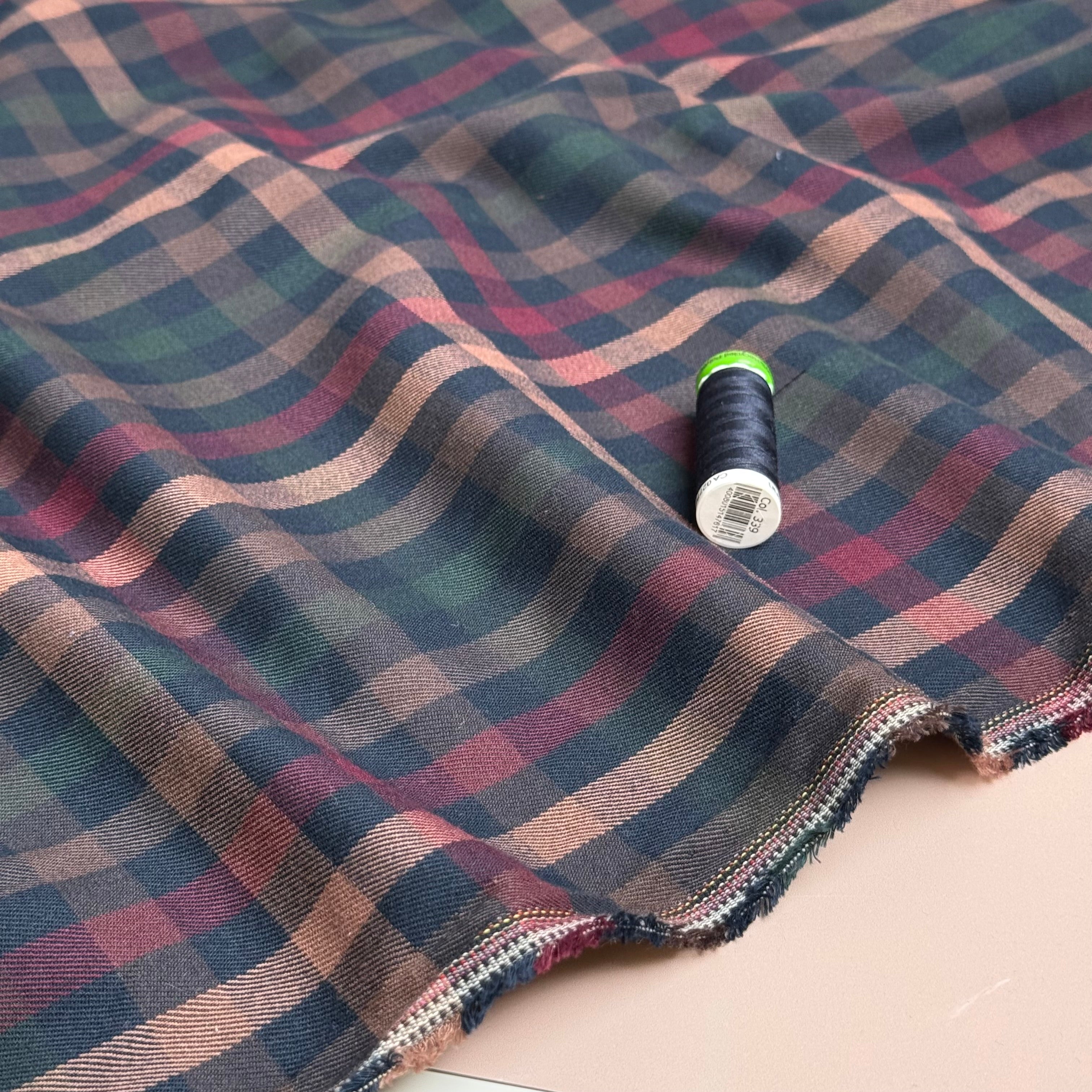 Tartan Check in Navy, Burgundy & Green Viscose Blend Trouser Fabric