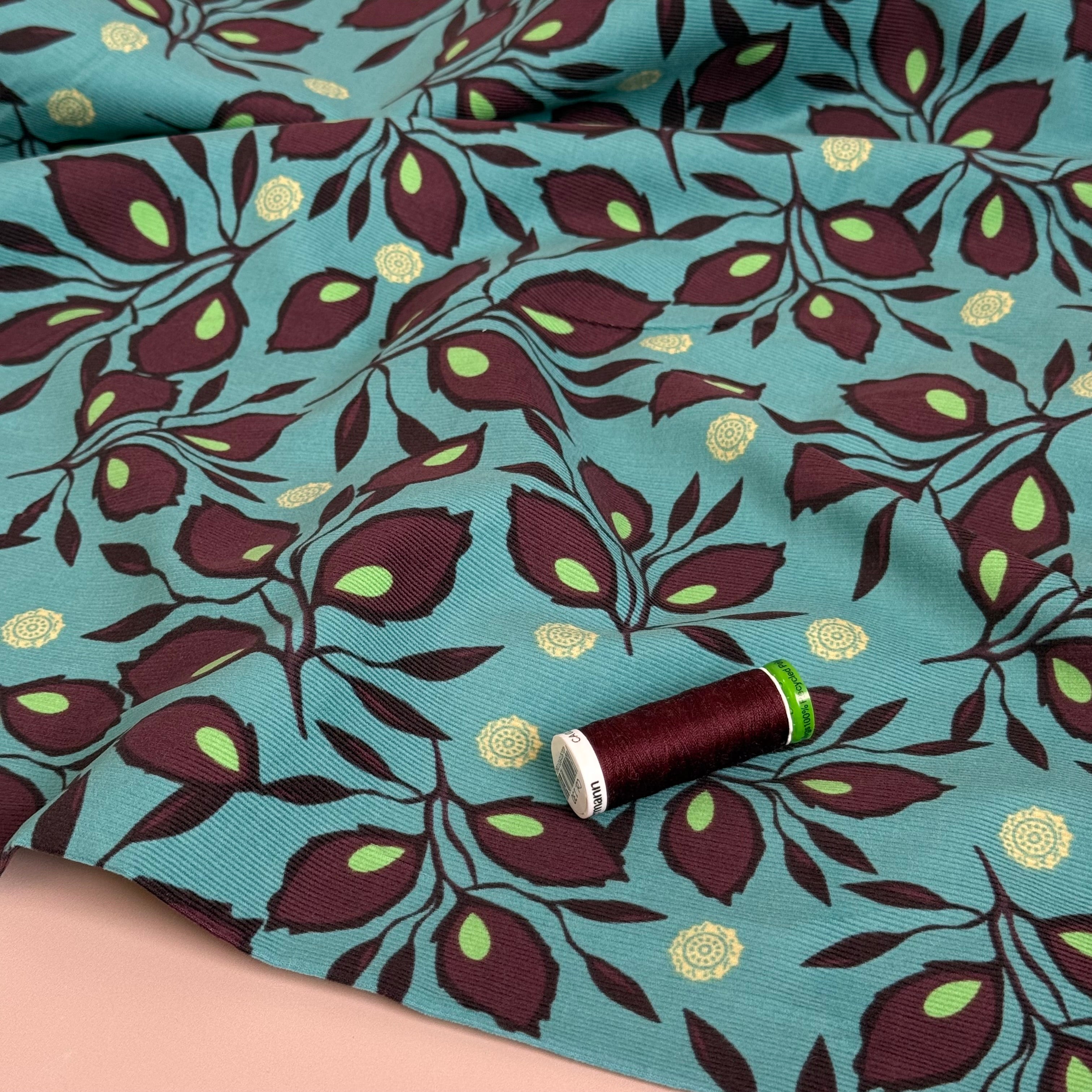 Mahogany Leaves on Petrol Cotton Needlecord