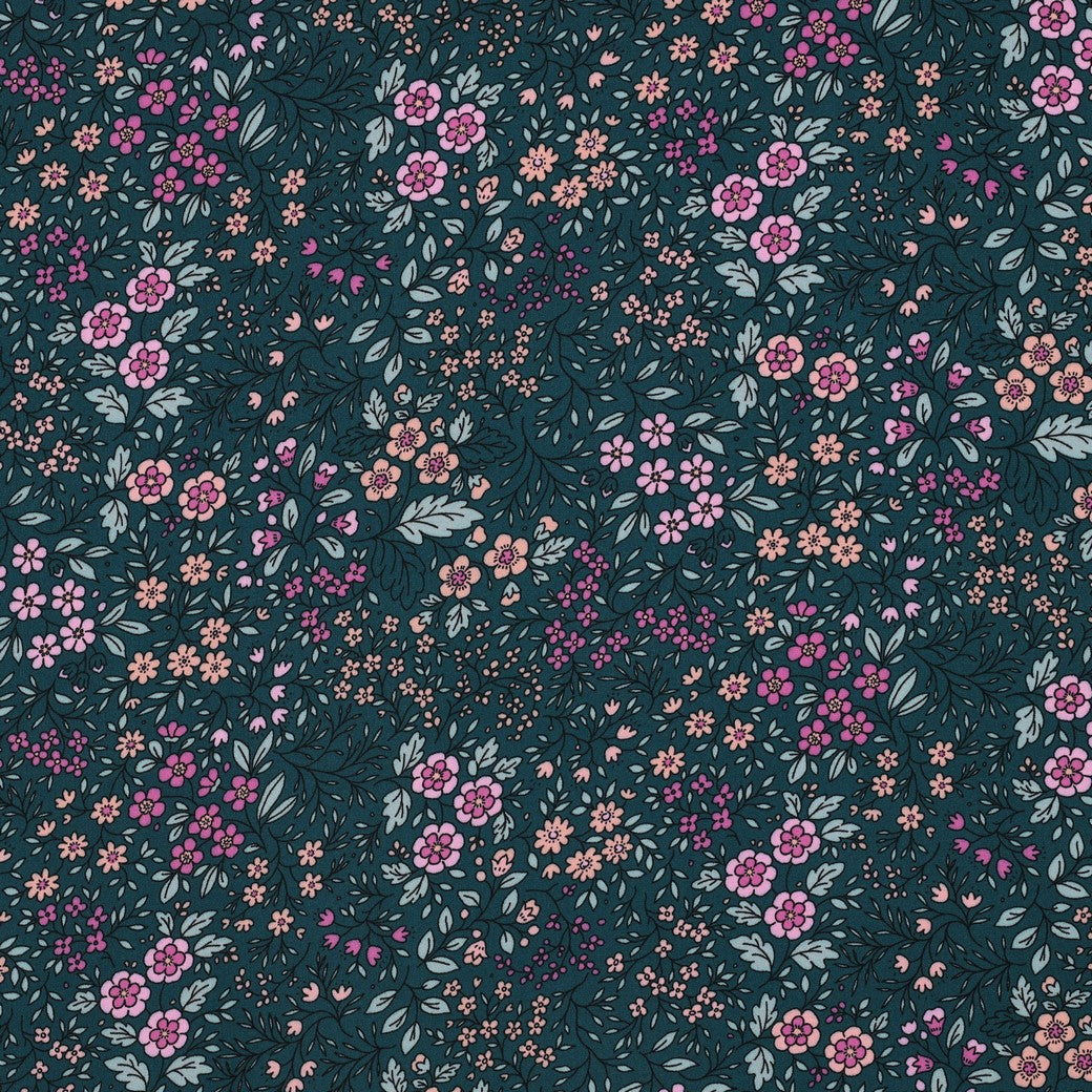 Ditsy Flowers on Teal LENZING™ ECOVERO™ Viscose Fabric