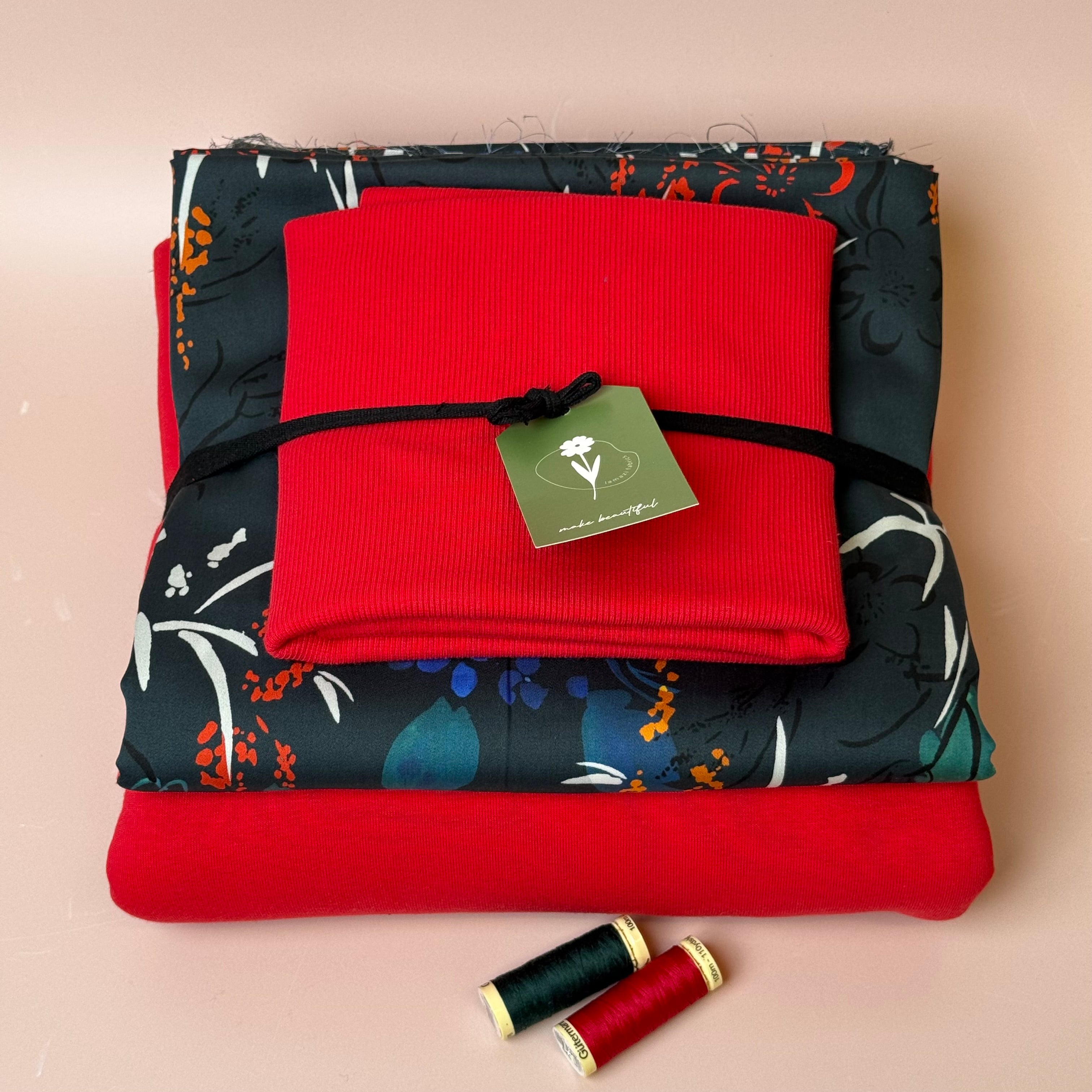 Make an Outfit Colour Bundle - Midnight Blooms Tencel Sateen & Sweatshirting in Red with Ribbing