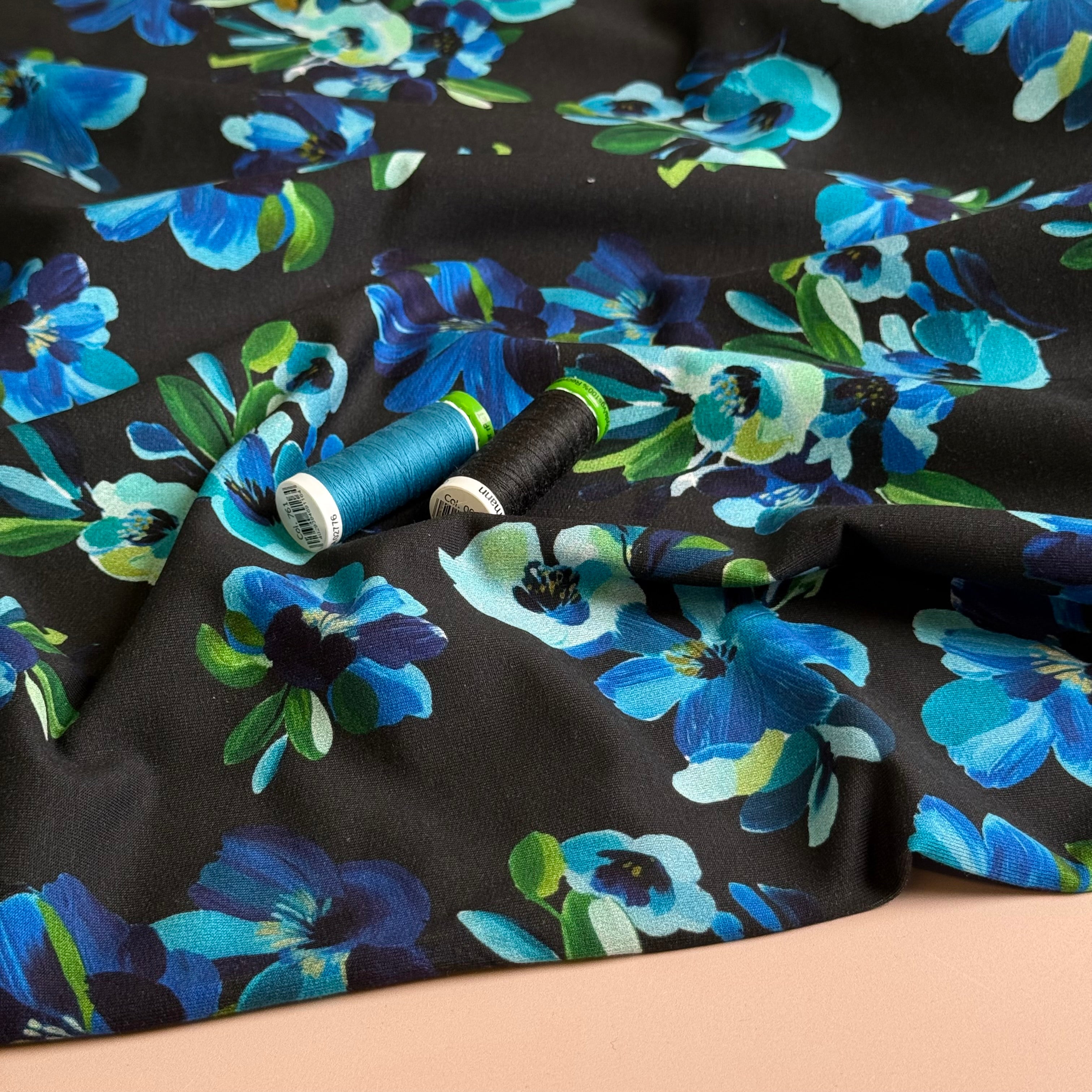 Painted Petals Black Cotton French Terry Fabric