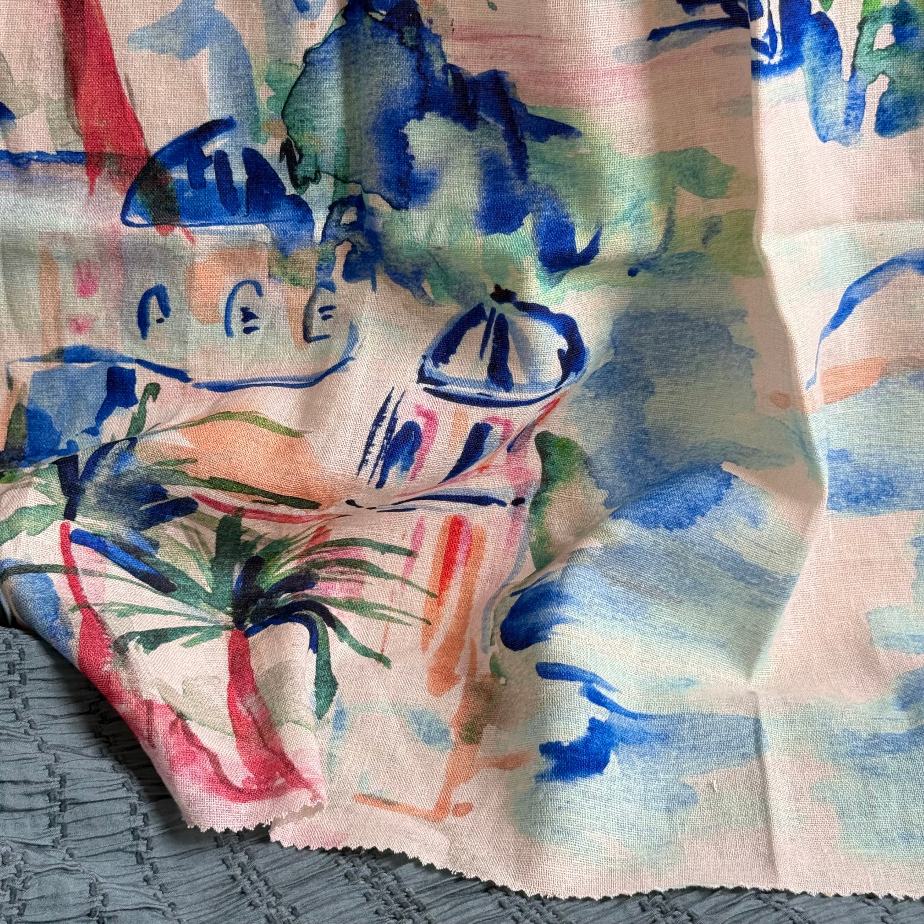 PRE-ORDER - arriving by end of August - Riviera Landscape Cobalt Linen Viscose Blend Fabric