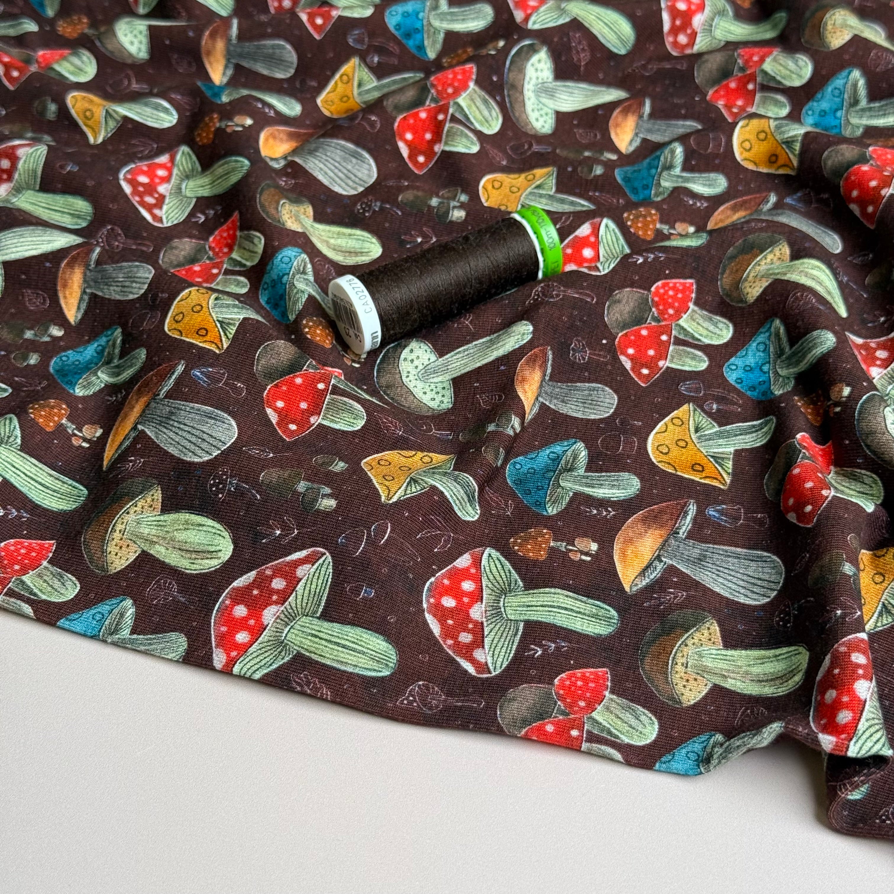 Colourful Mushrooms Brown Cotton Jersey Fabric