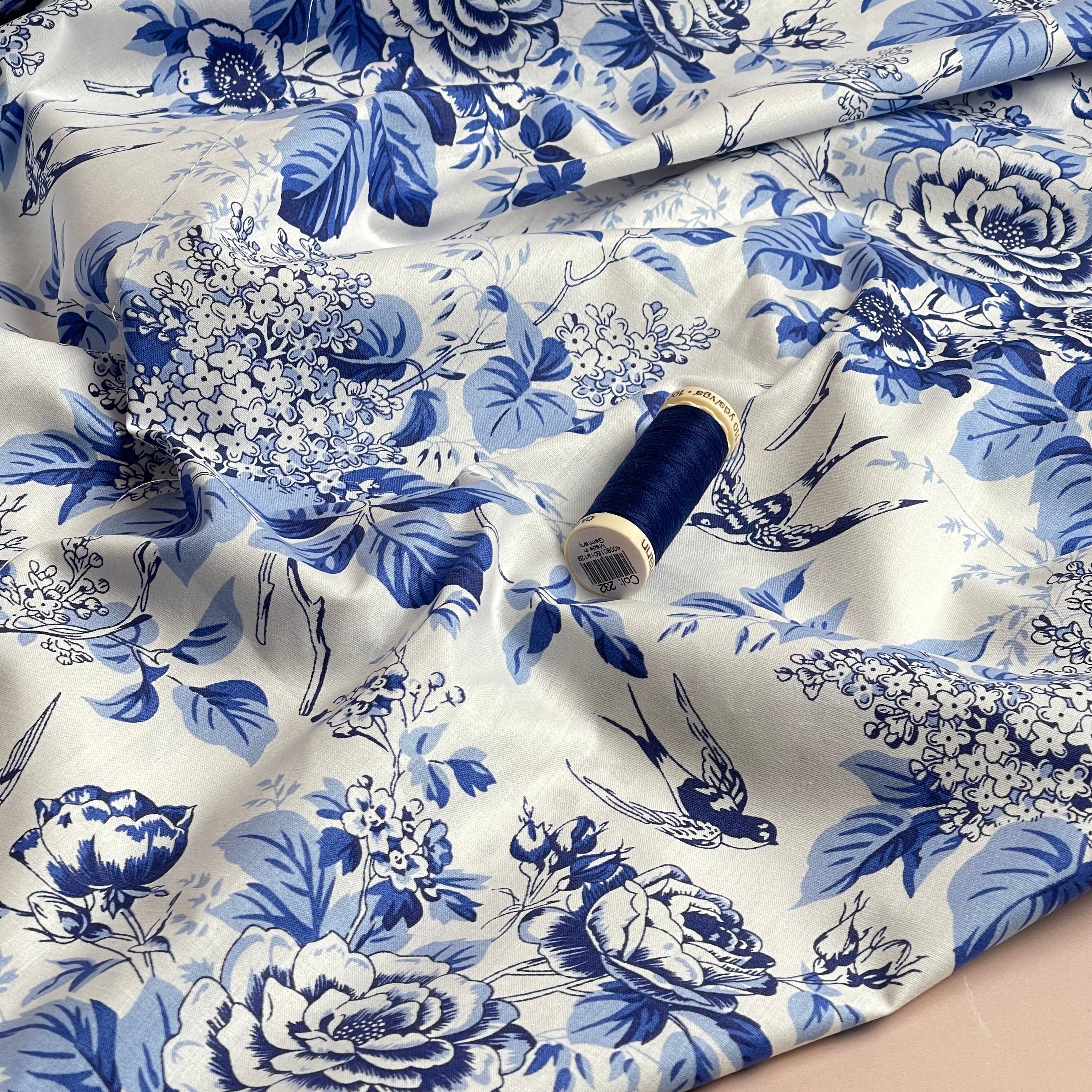 Toile De Jouy Birds in Dusty Blue Cotton Poplin