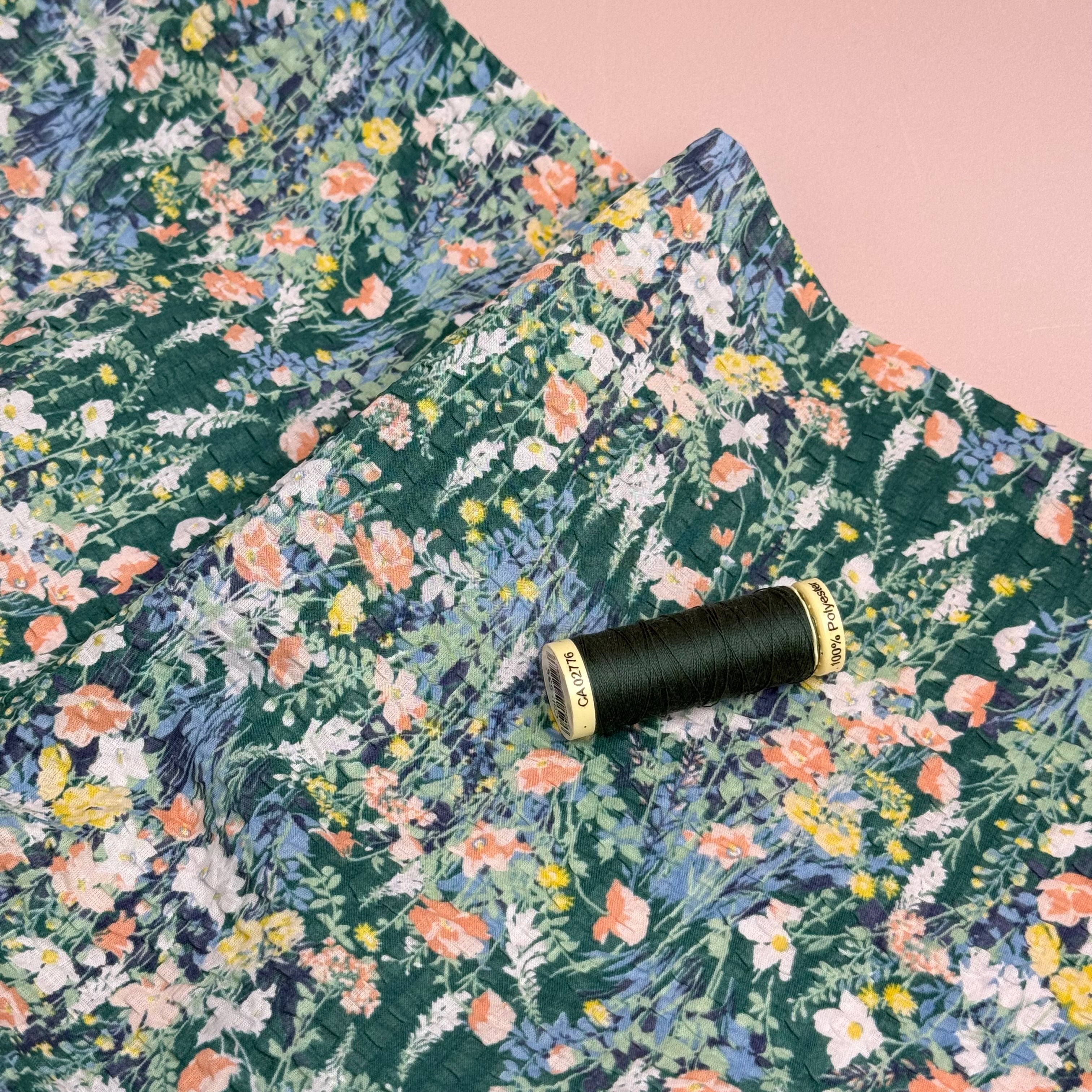 Kokka - Dainty Floral in Green Japanese Cotton Seersucker