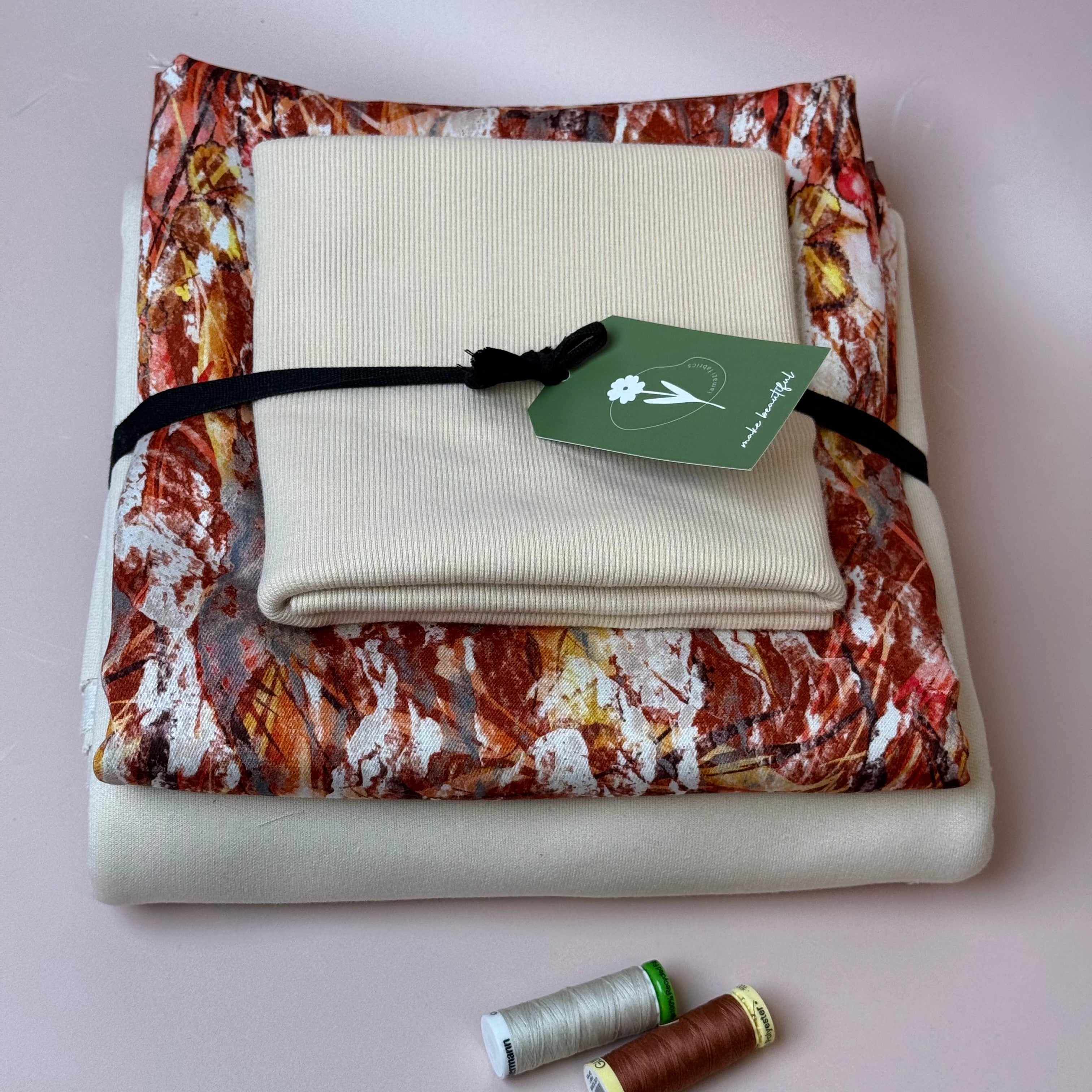 Make an Outfit Colour Bundle - Autumn Foliage & Cotton French Terry in Cream with Ribbing