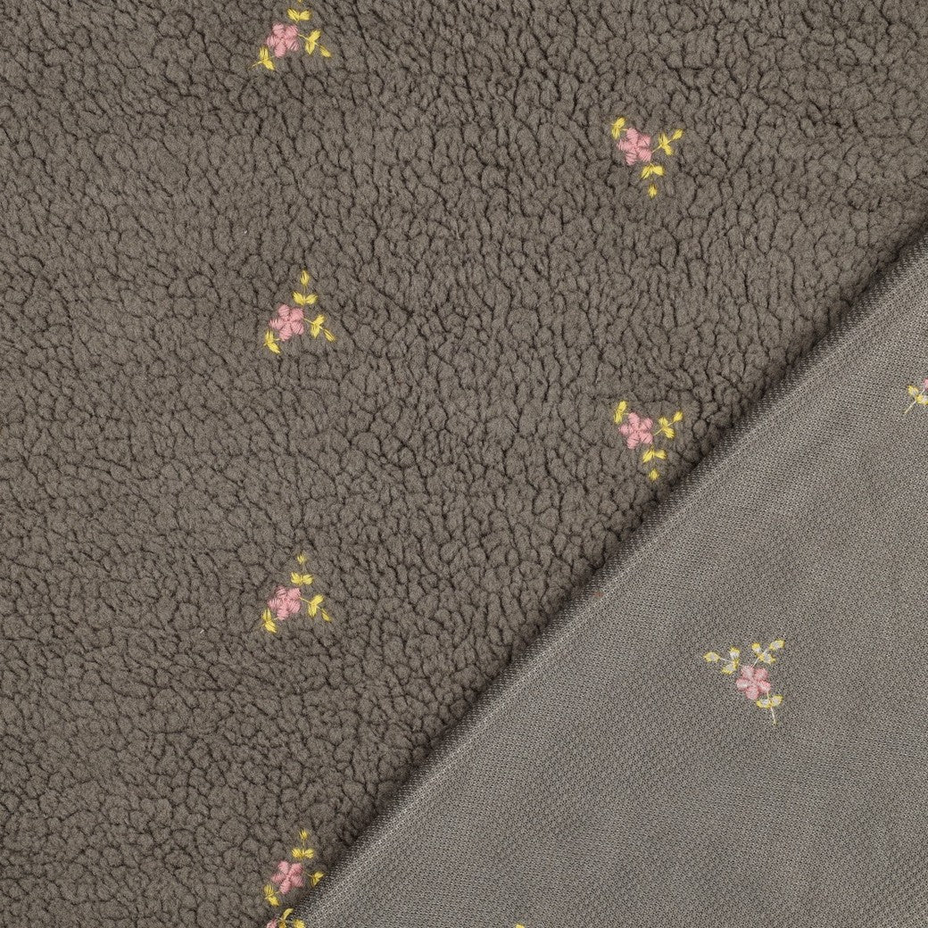 Teddy Fabric with Embroidered Flowers in Grey