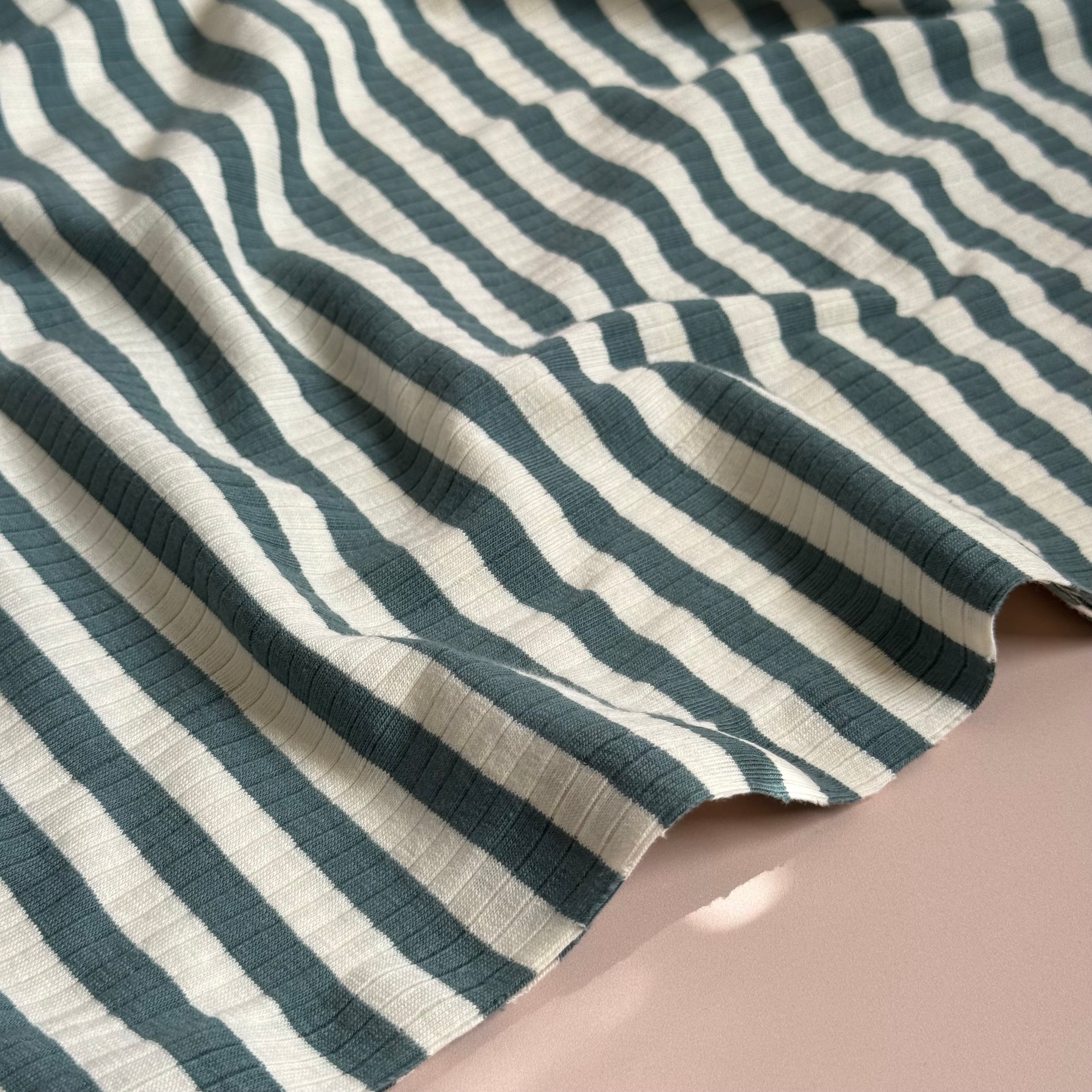 Yarn Dyed Striped Cotton Ribbed Jersey in Petrol and White