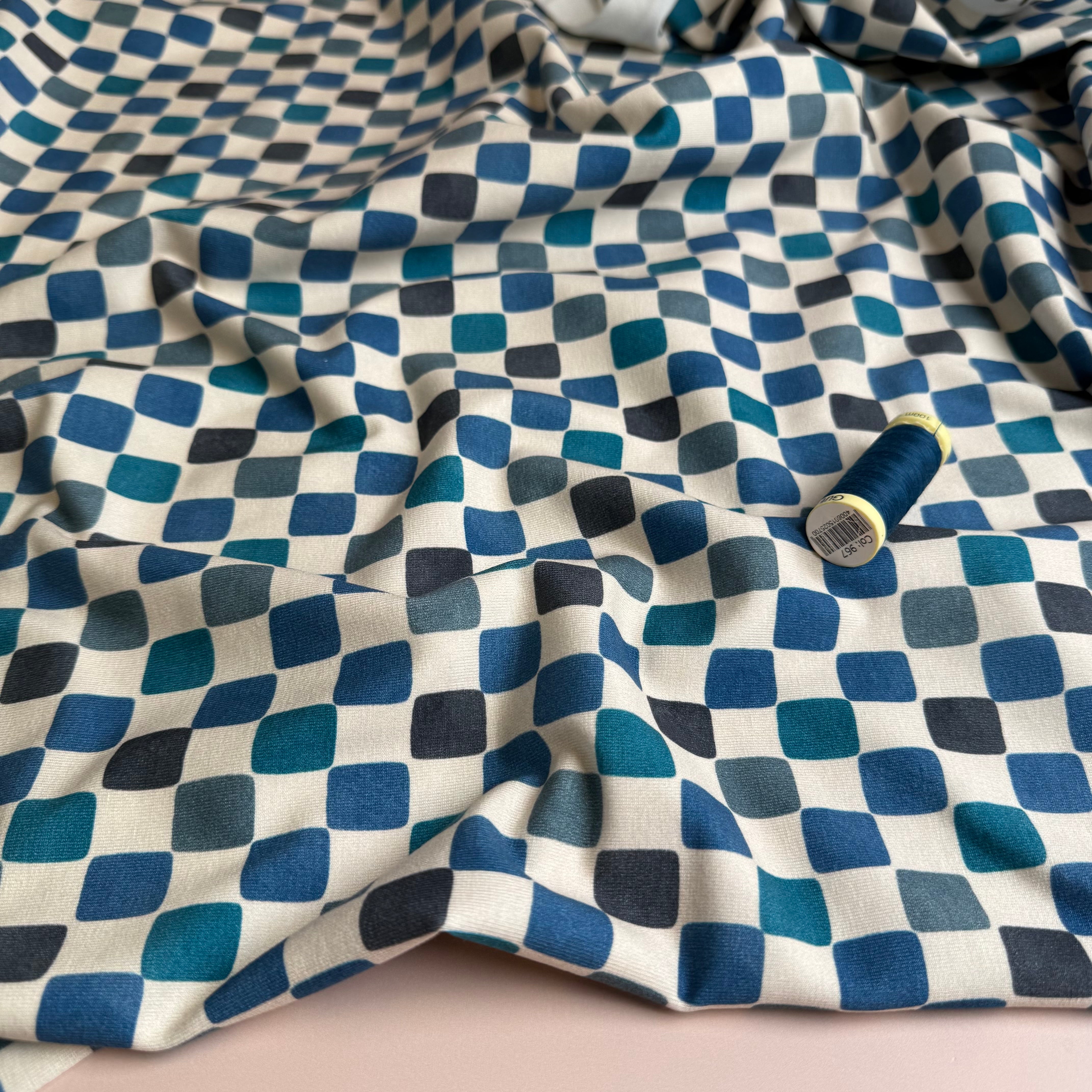 Checkers Blue Cotton Jersey Fabric