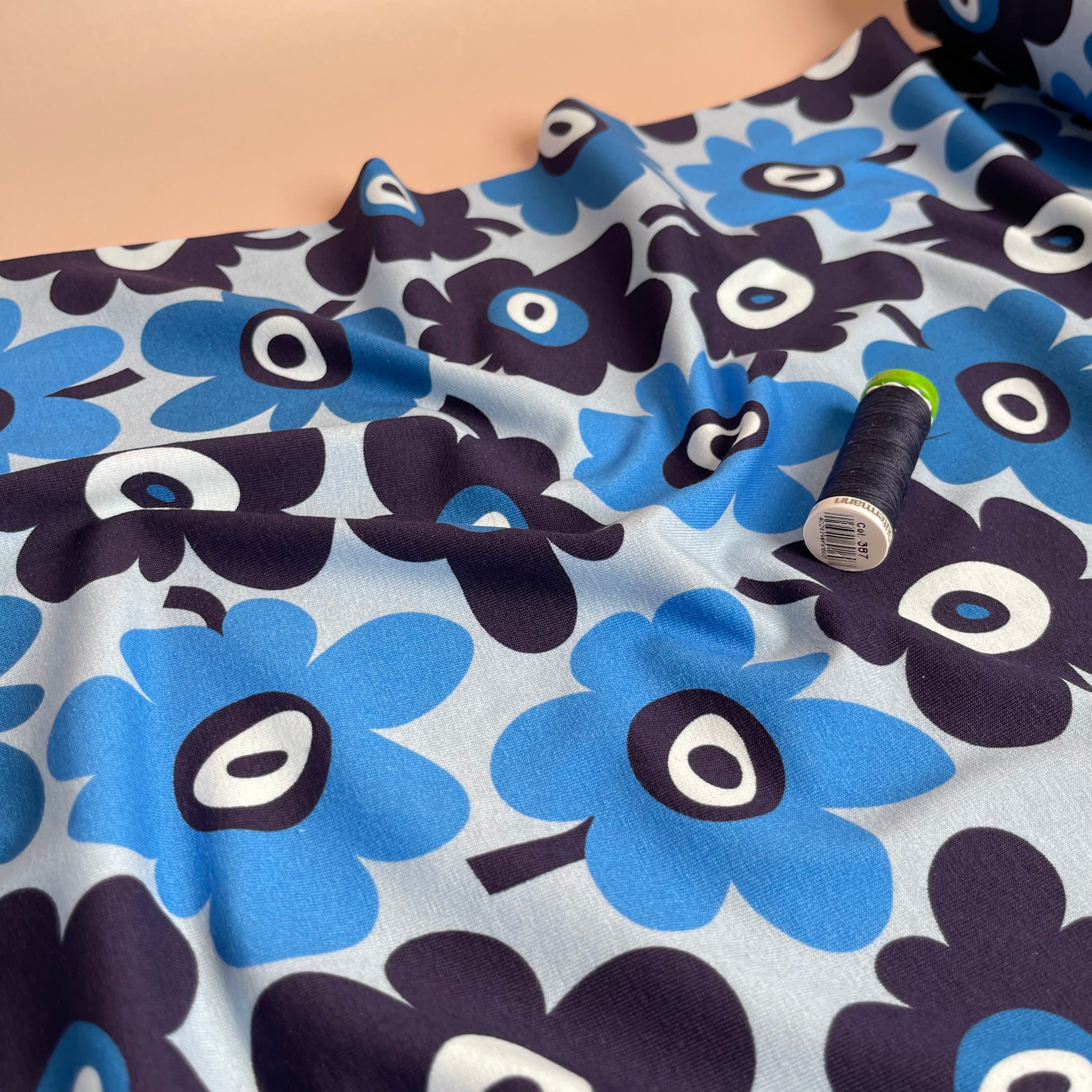 REMNANT 0.5 Metre - Danish Design - Graphic Flowers Blue Cotton Jersey Fabric