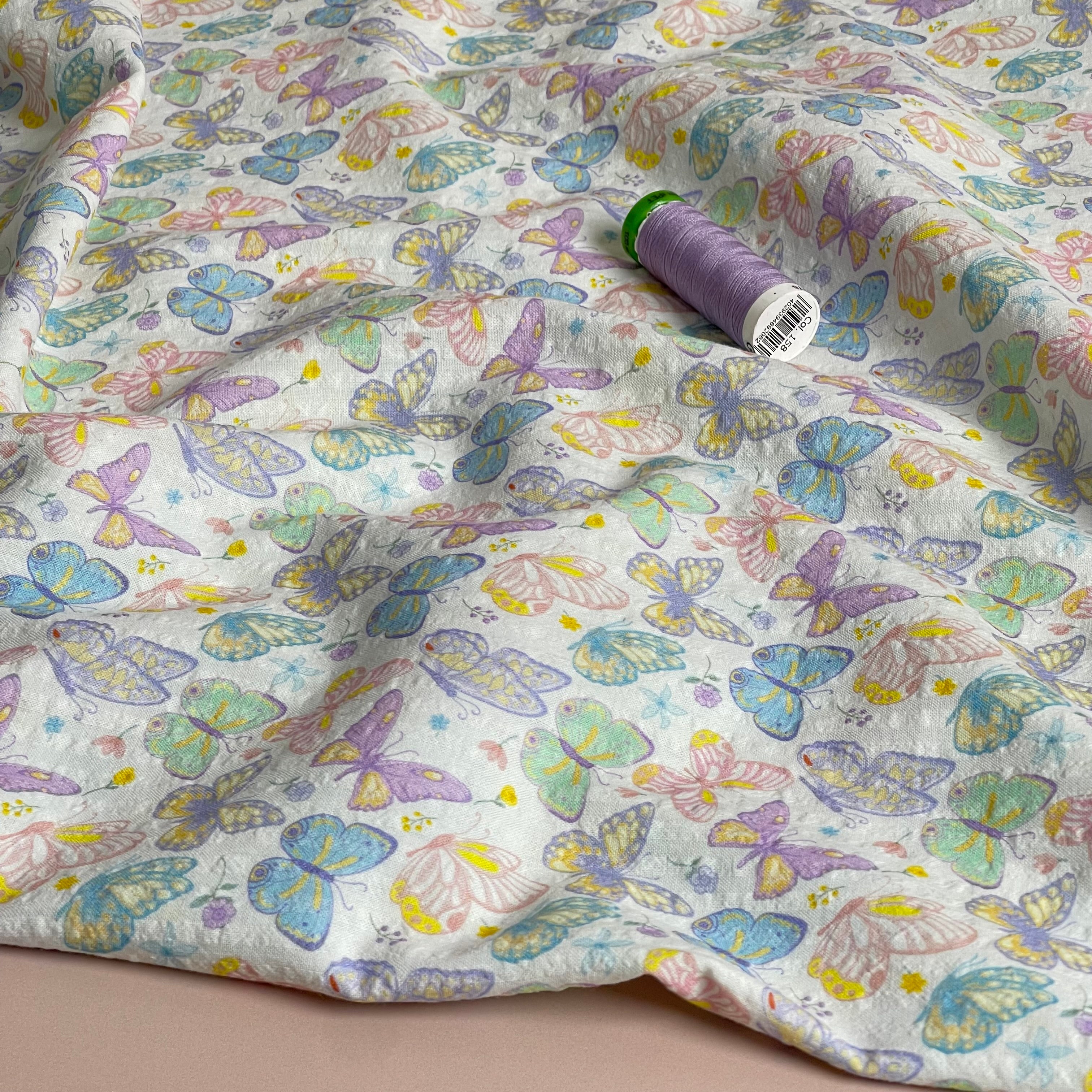 Butterflies Bubble Stripes Cotton Seersucker Fabric