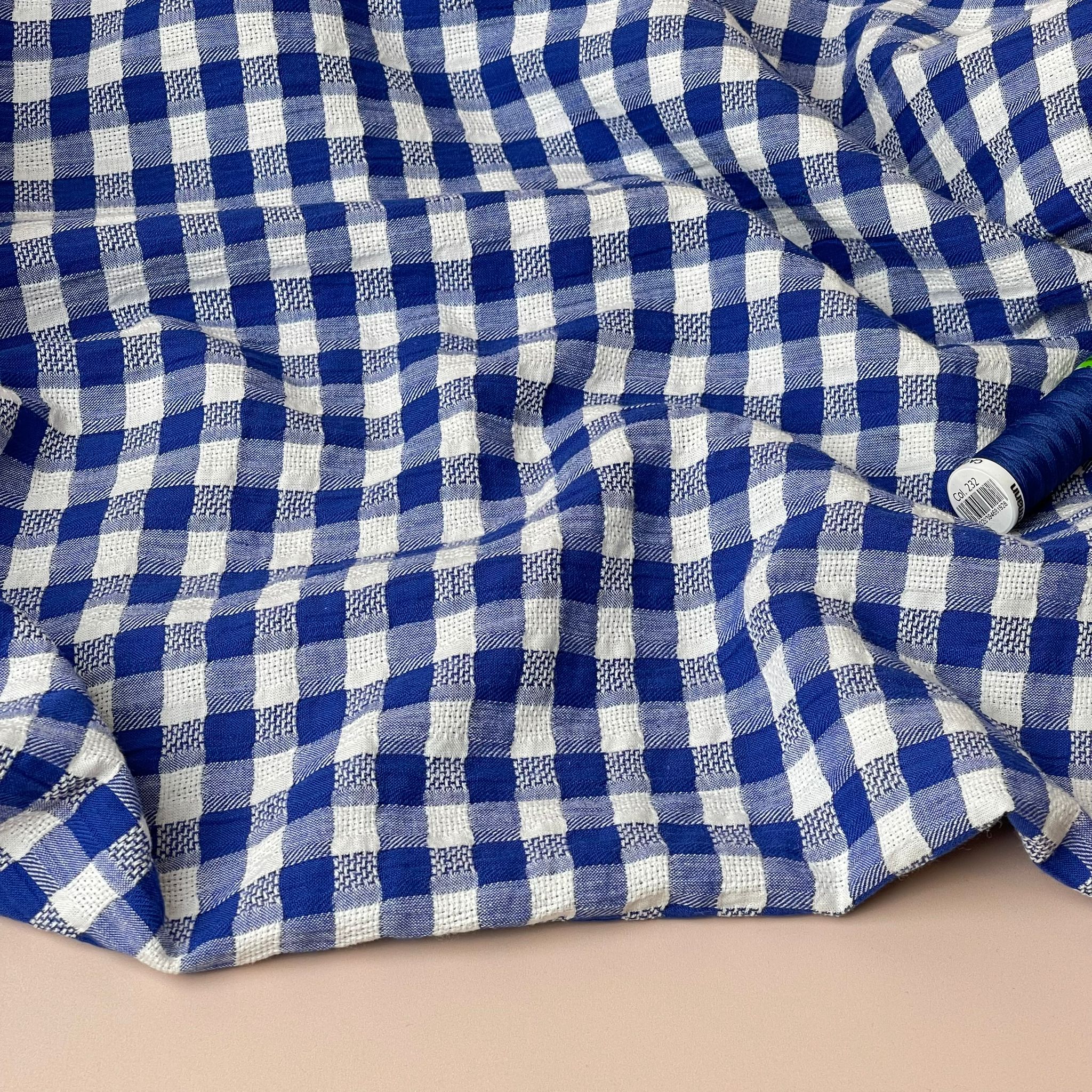 Blue Gingham Cotton Seersucker Fabric
