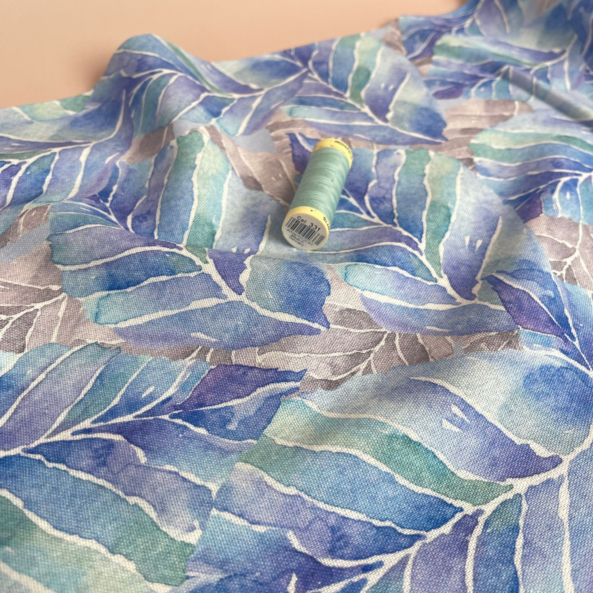 Aqua Leaves Viscose Linen Fabric