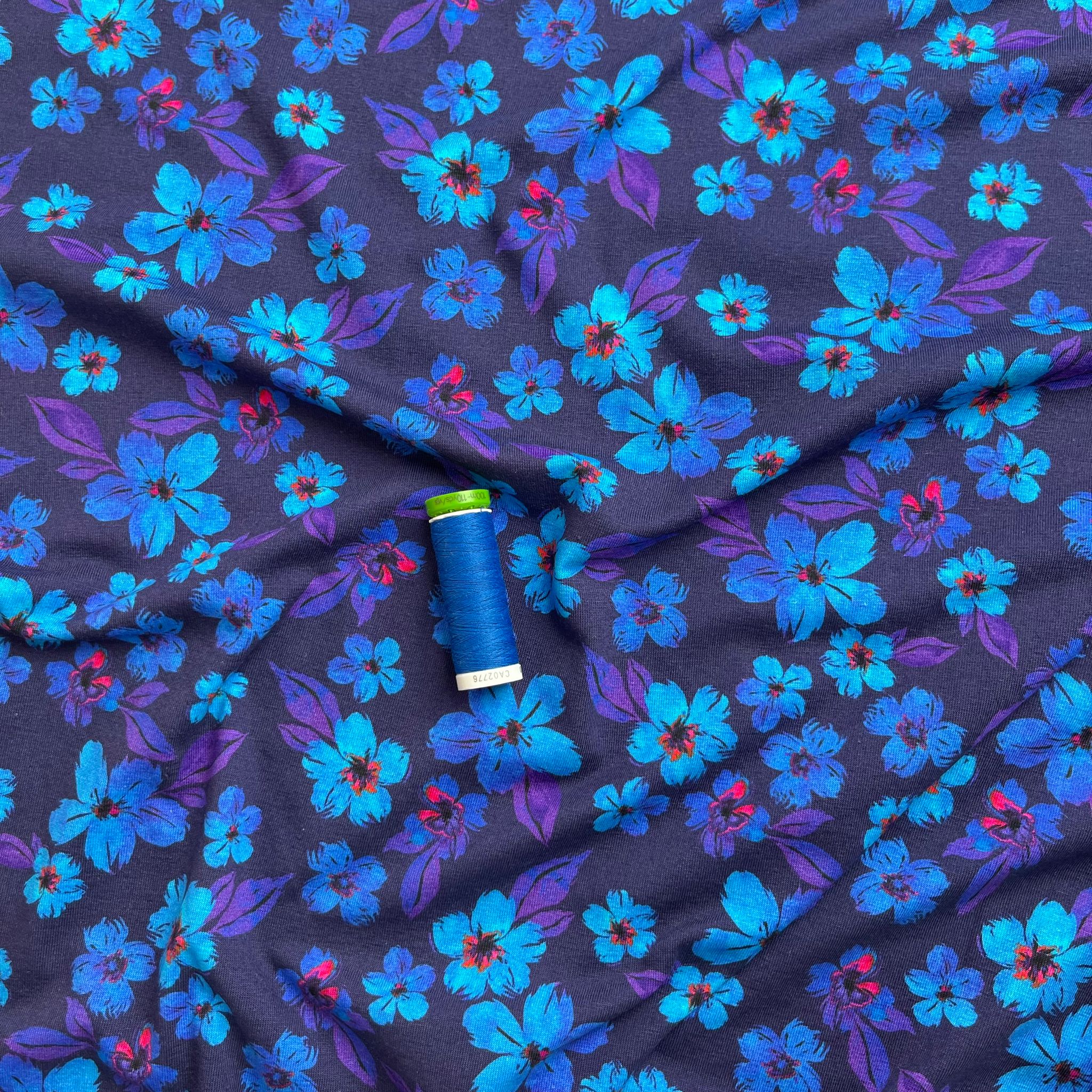 Cobalt Blooms Cotton Jersey Fabric