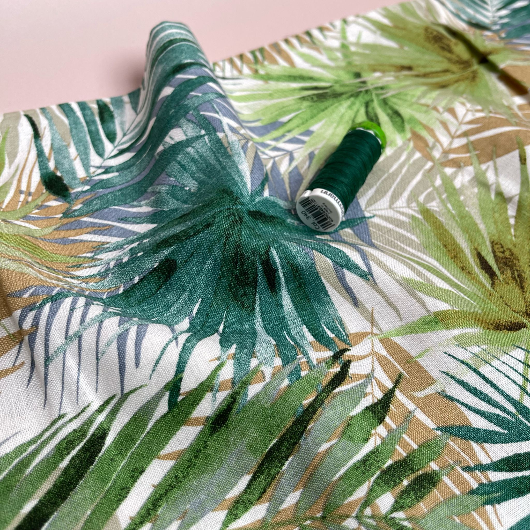 Tropical Fan Leaves on White Viscose Linen Blend Fabric