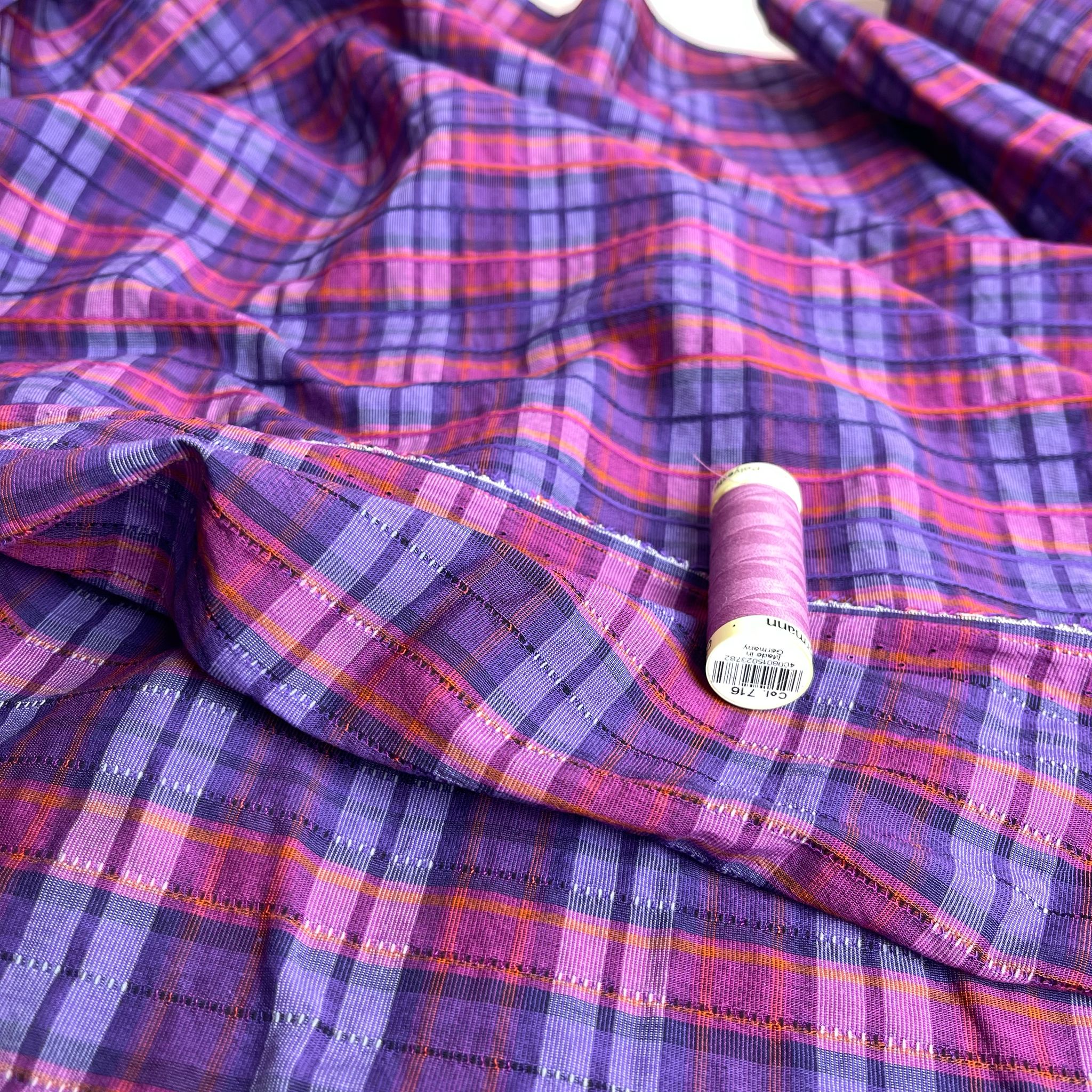 Ex-Designer Deadstock Purple Embroidered Check Cotton Blend Seersucker Fabric