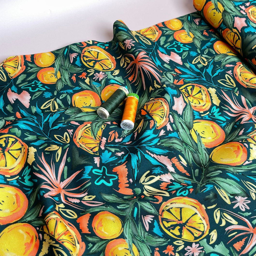 Orange Grove on Bottle Green Cotton Canvas Fabric