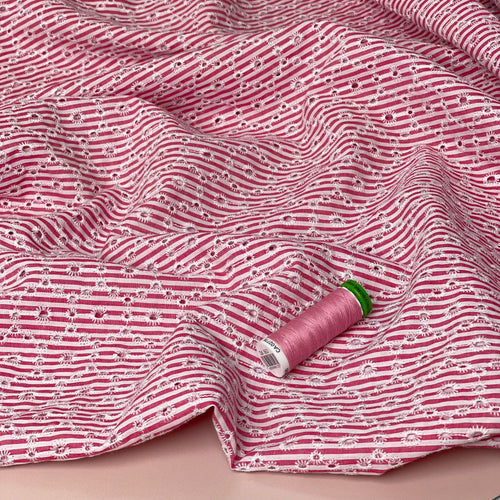 Candy Pink Striped Broderie Anglaise Cotton Fabric