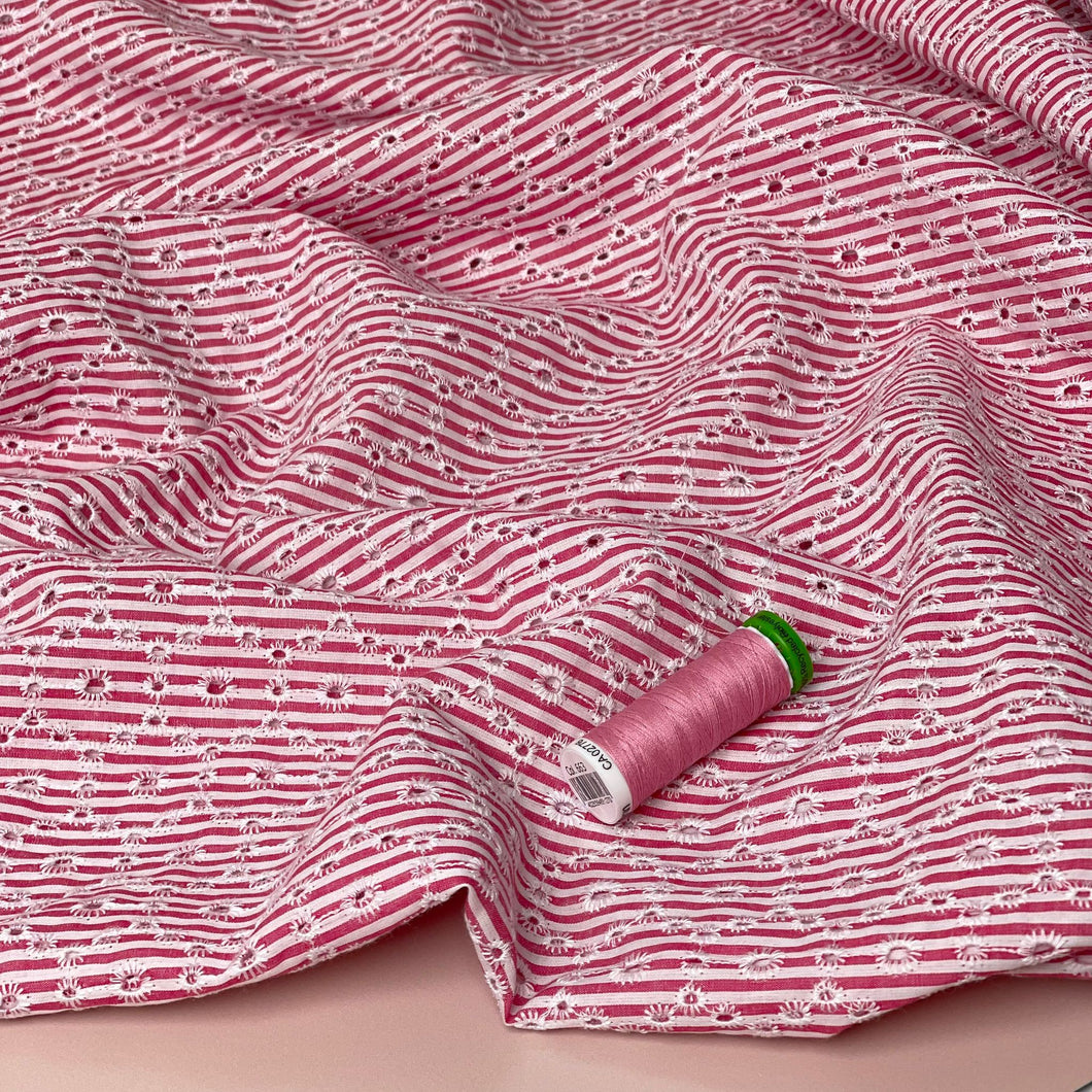 Candy Pink Striped Broderie Anglaise Cotton Fabric