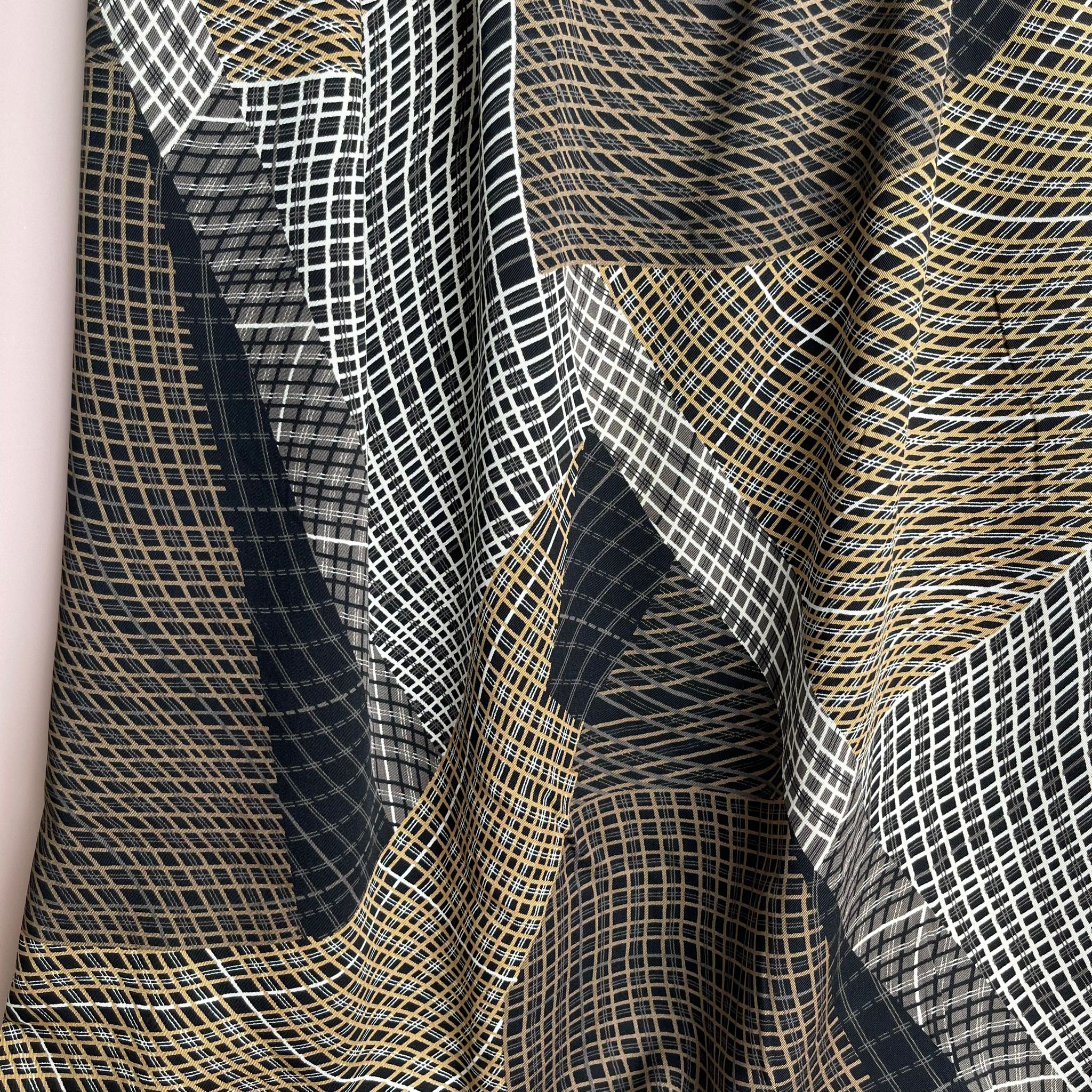 Golden Abstract Grids Viscose Twill Fabric