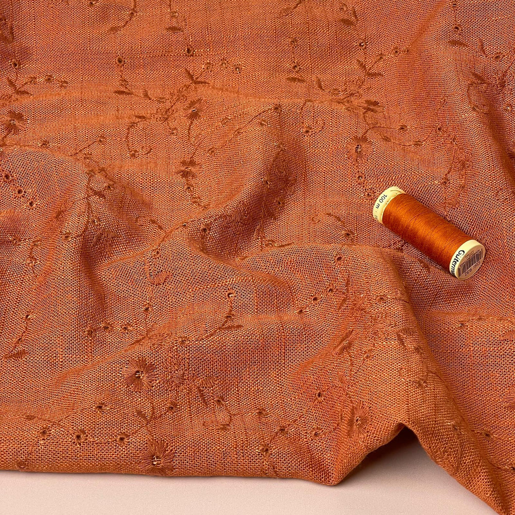 Floral Vines on Rust Embroidered Viscose Linen Fabric
