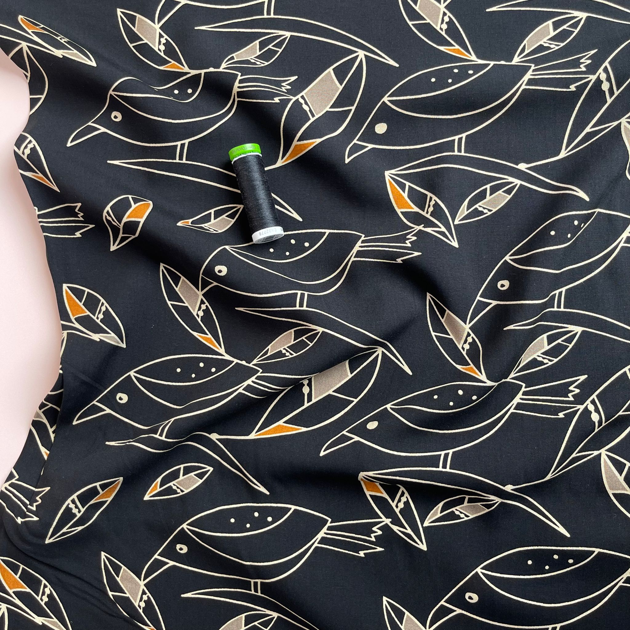 Graphic Birds Orange on Black Viscose Poplin Fabric